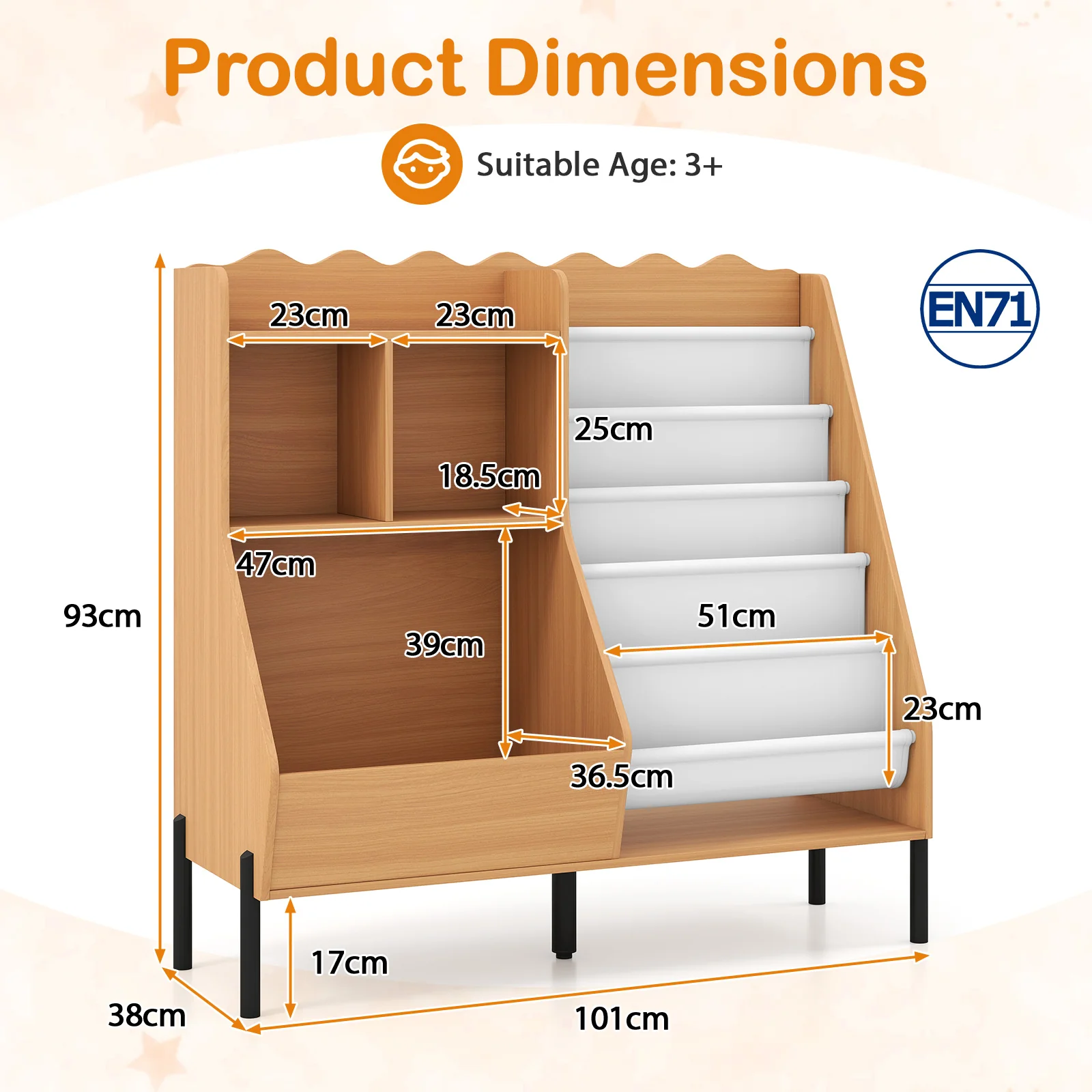 Kids Bookshelf and Toy Storage Organizer with 5 Fabric Pockets and Metal Legs - Image 3