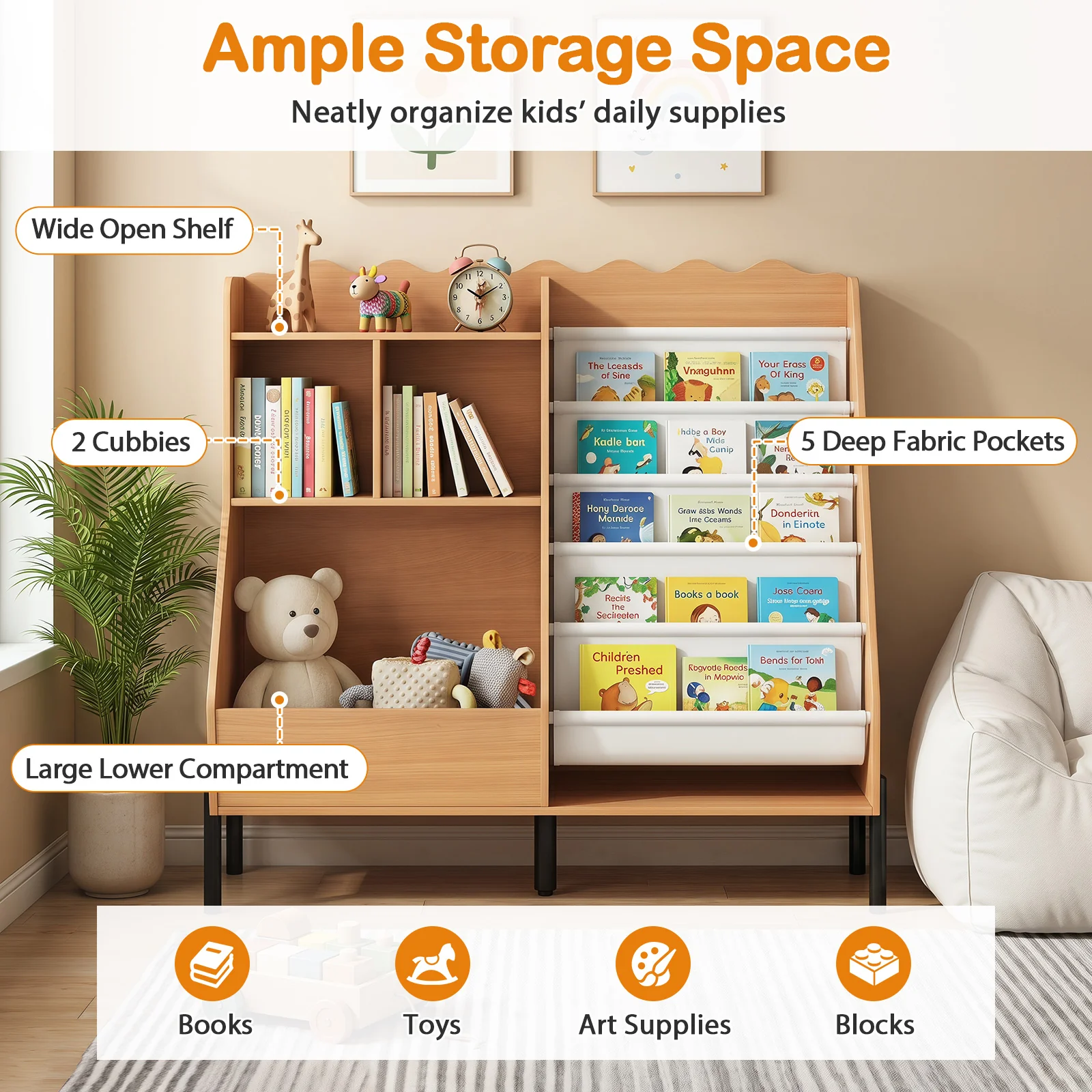 Kids Bookshelf and Toy Storage Organizer with 5 Fabric Pockets and Metal Legs - Image 4
