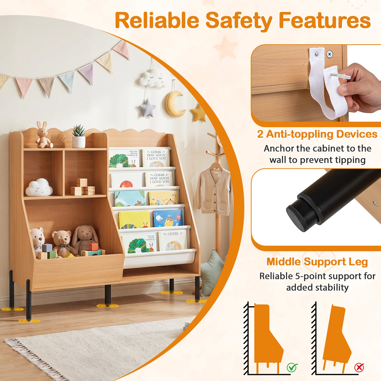 Kids Bookshelf and Toy Storage Organizer with 5 Fabric Pockets and Metal Legs - Image 5