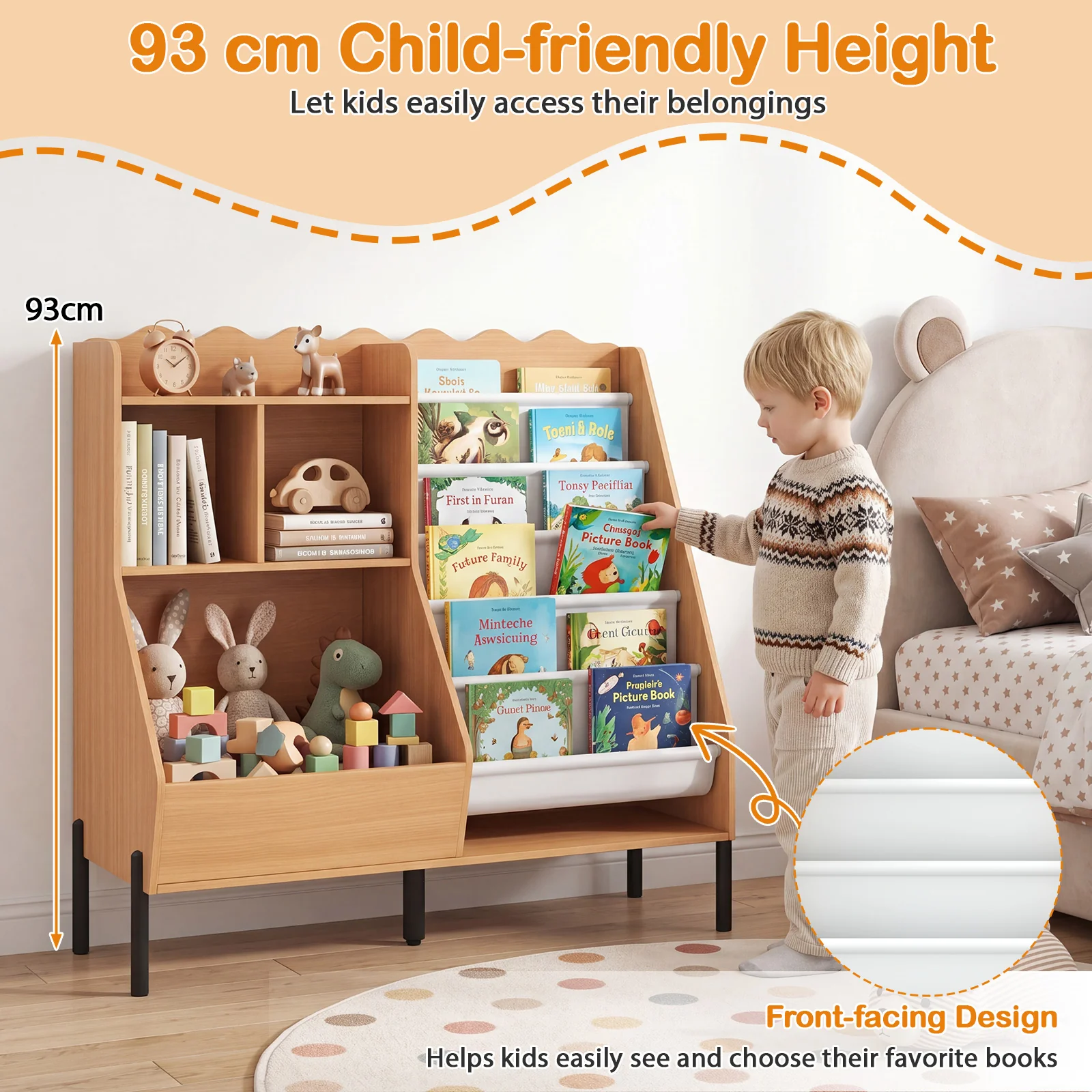 Kids Bookshelf and Toy Storage Organizer with 5 Fabric Pockets and Metal Legs - Image 6