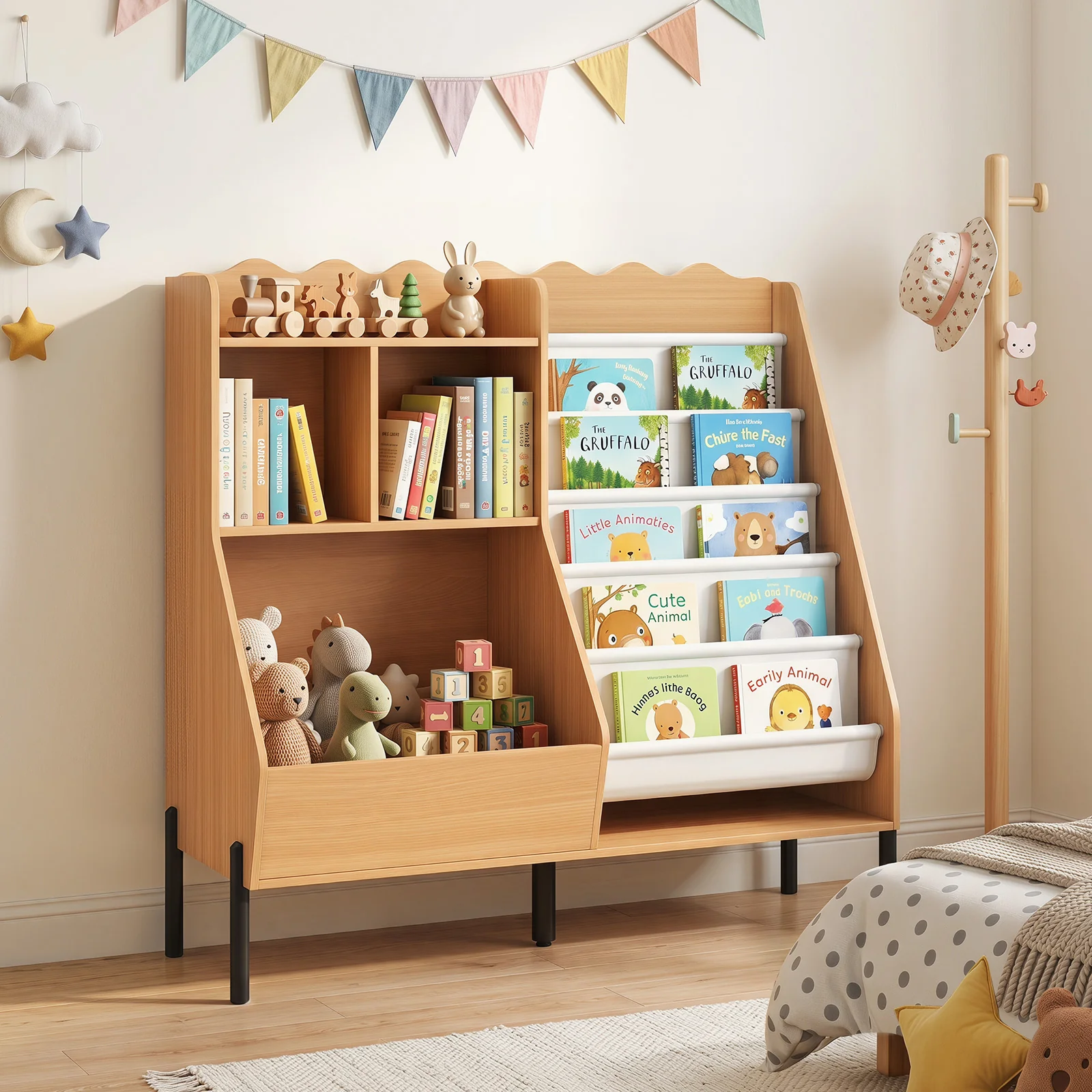 Kids Bookshelf and Toy Storage Organizer with 5 Fabric Pockets and Metal Legs - Image 8