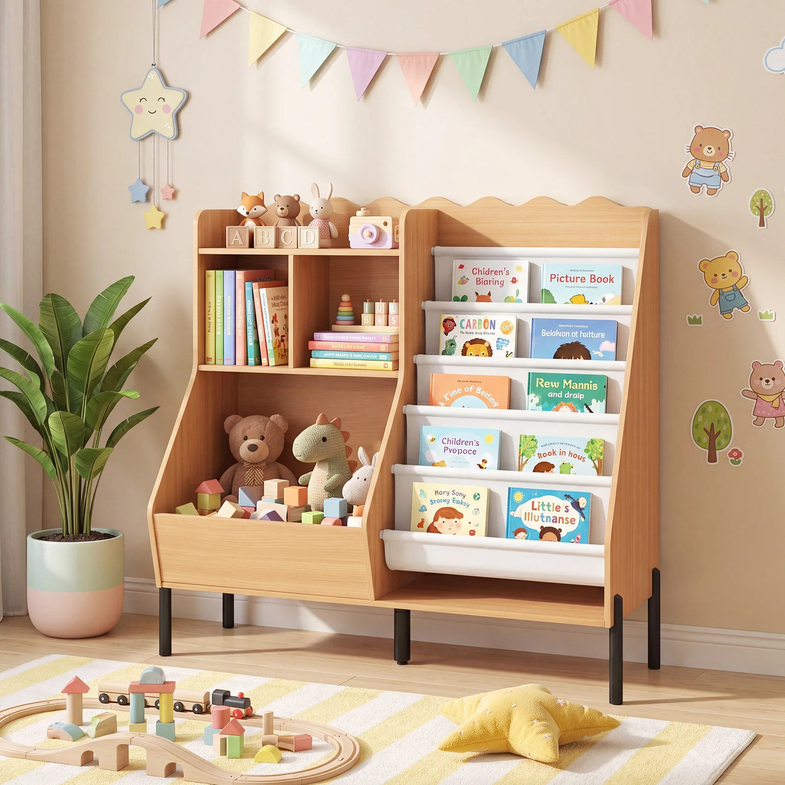 Kids Bookshelf and Toy Storage Organizer with 5 Fabric Pockets and Metal Legs - Image 9