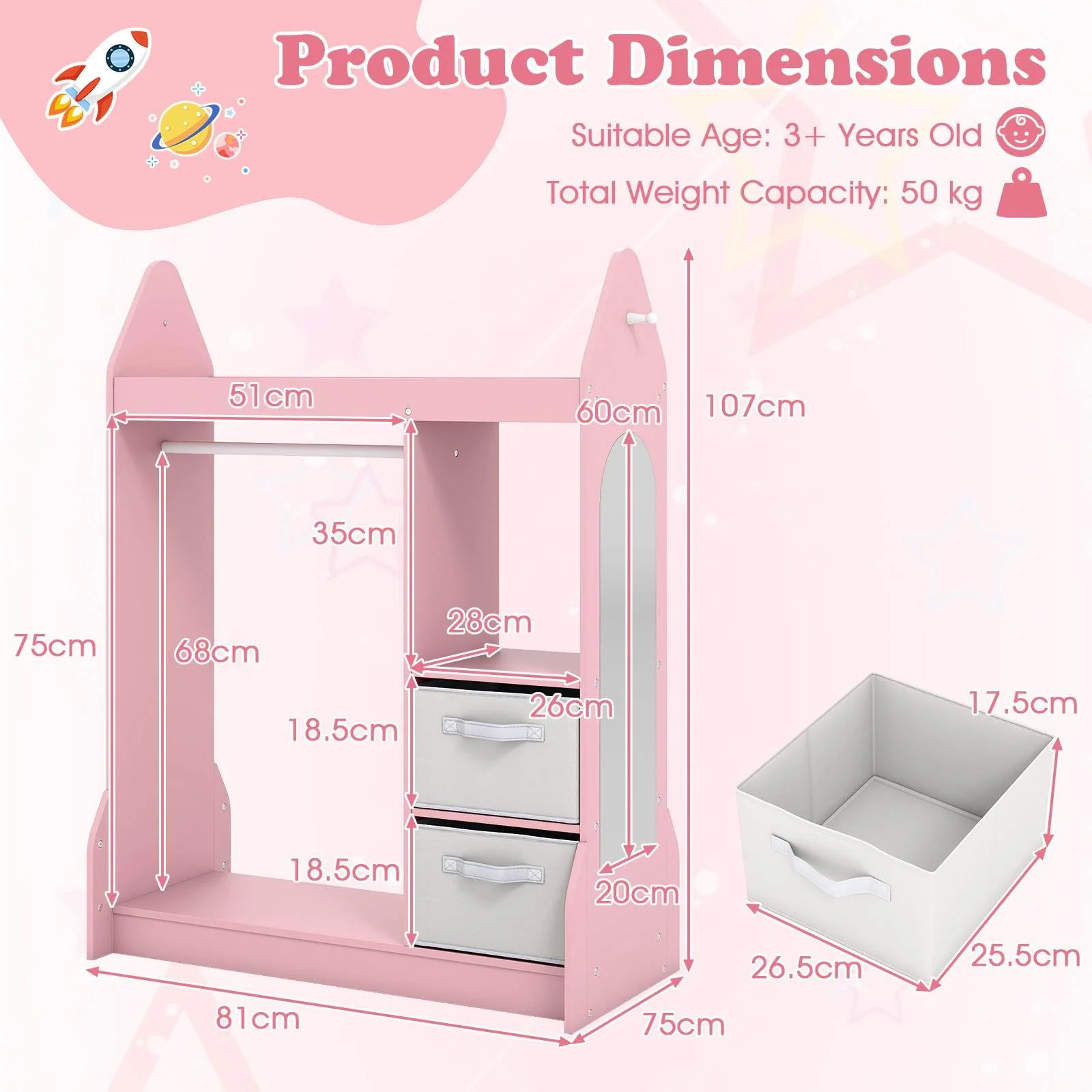 Kids Clothing Rack with Mirror and Cloth Hanger for Kids Room - Image 5