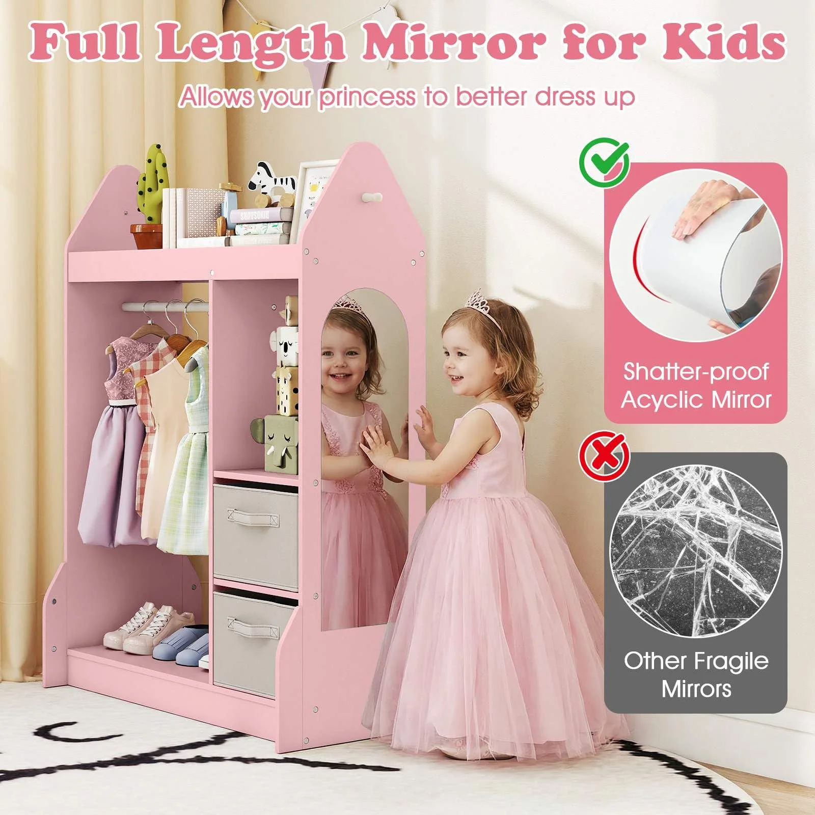 Kids Clothing Rack with Mirror and Cloth Hanger for Kids Room - Image 7