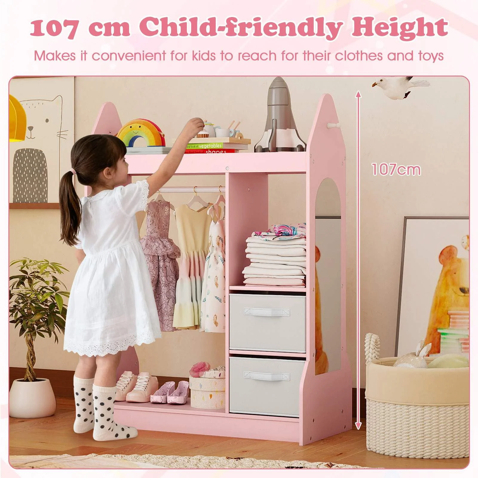 Kids Clothing Rack with Mirror and Cloth Hanger for Kids Room - Image 8