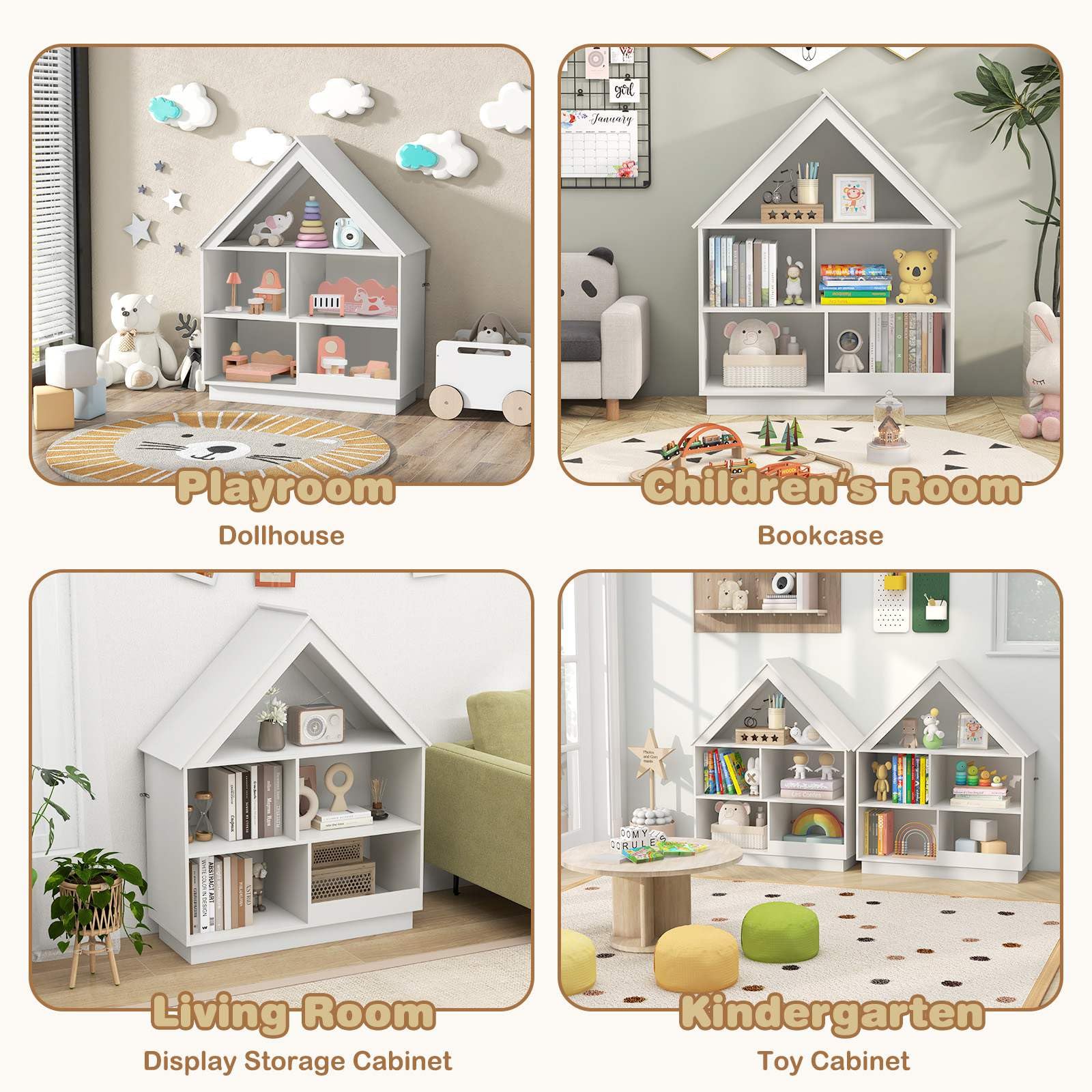 Kids Dollhouse Bookshelf, 3-Tier House-Shaped Storage Organizer w/ Open Shelves - Image 2