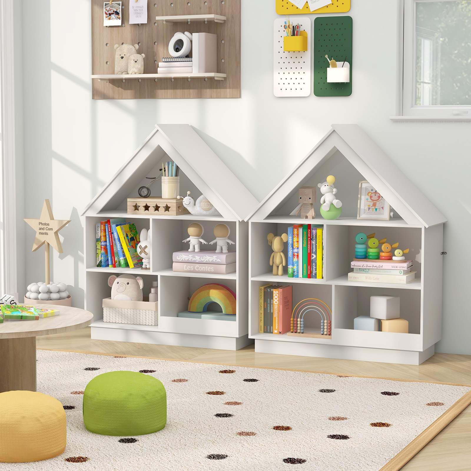 Kids Dollhouse Bookshelf, 3-Tier House-Shaped Storage Organizer w/ Open Shelves - Image 4