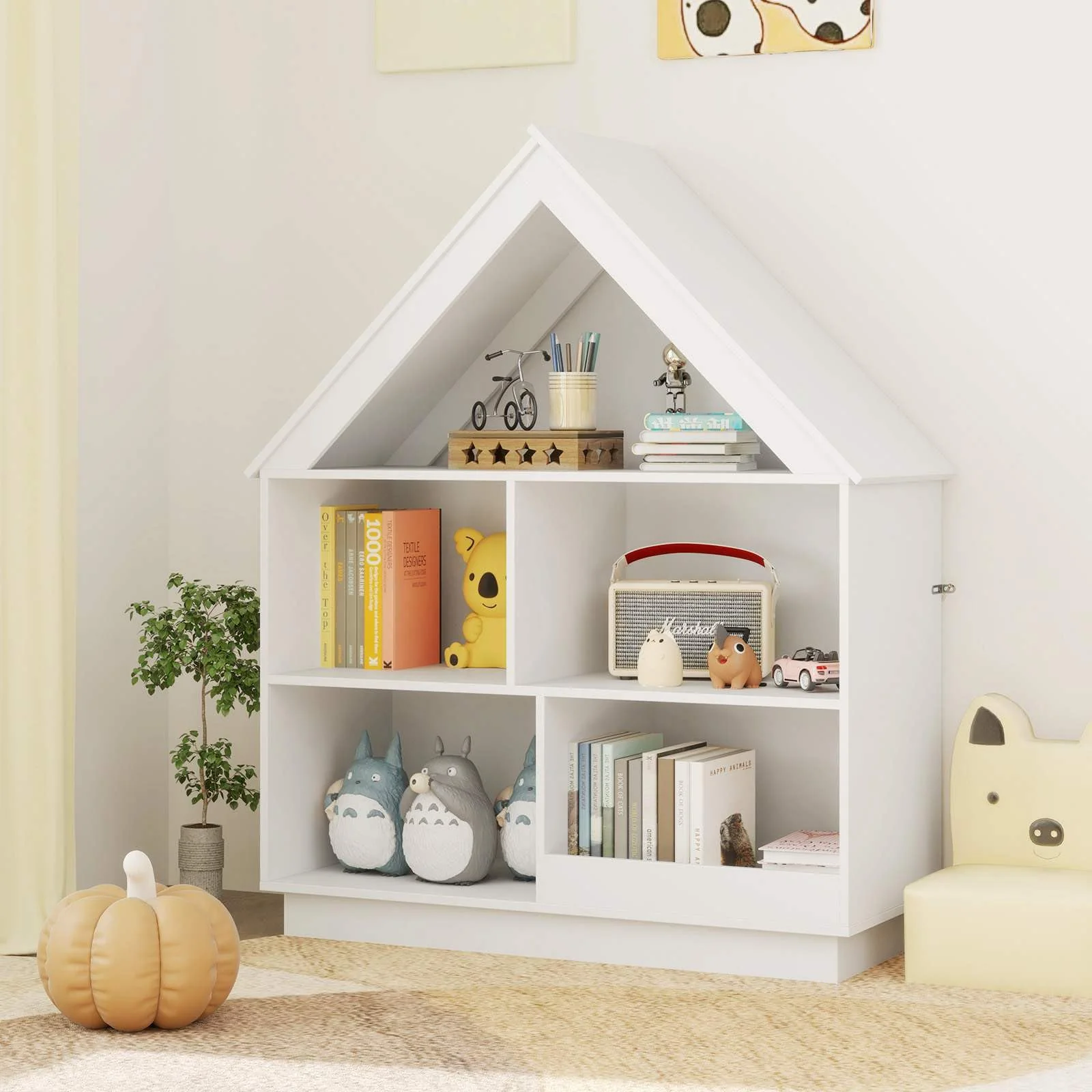 Kids Dollhouse Bookshelf, 3-Tier House-Shaped Storage Organizer w/ Open Shelves - Image 6
