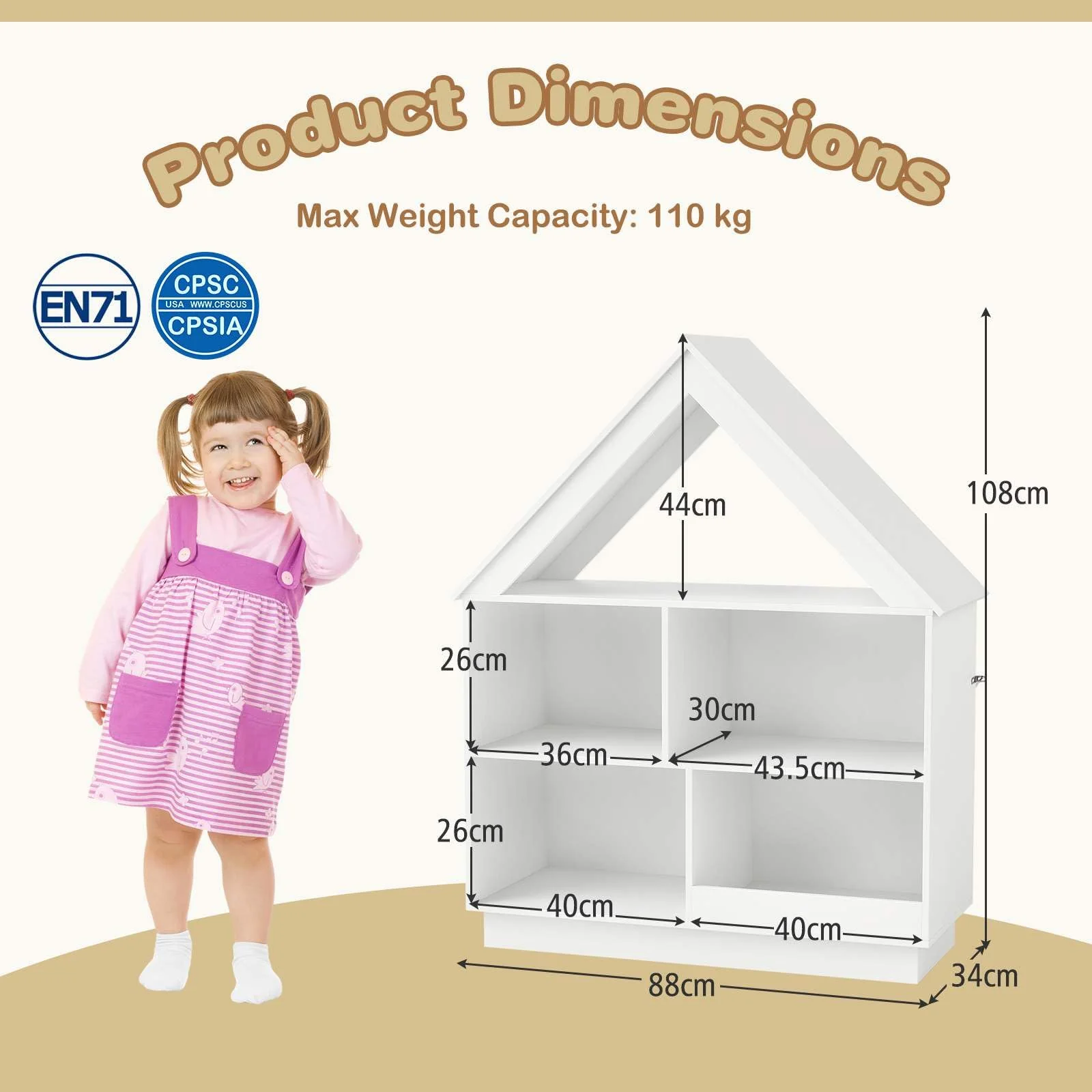 Kids Dollhouse Bookshelf, 3-Tier House-Shaped Storage Organizer w/ Open Shelves - Image 7