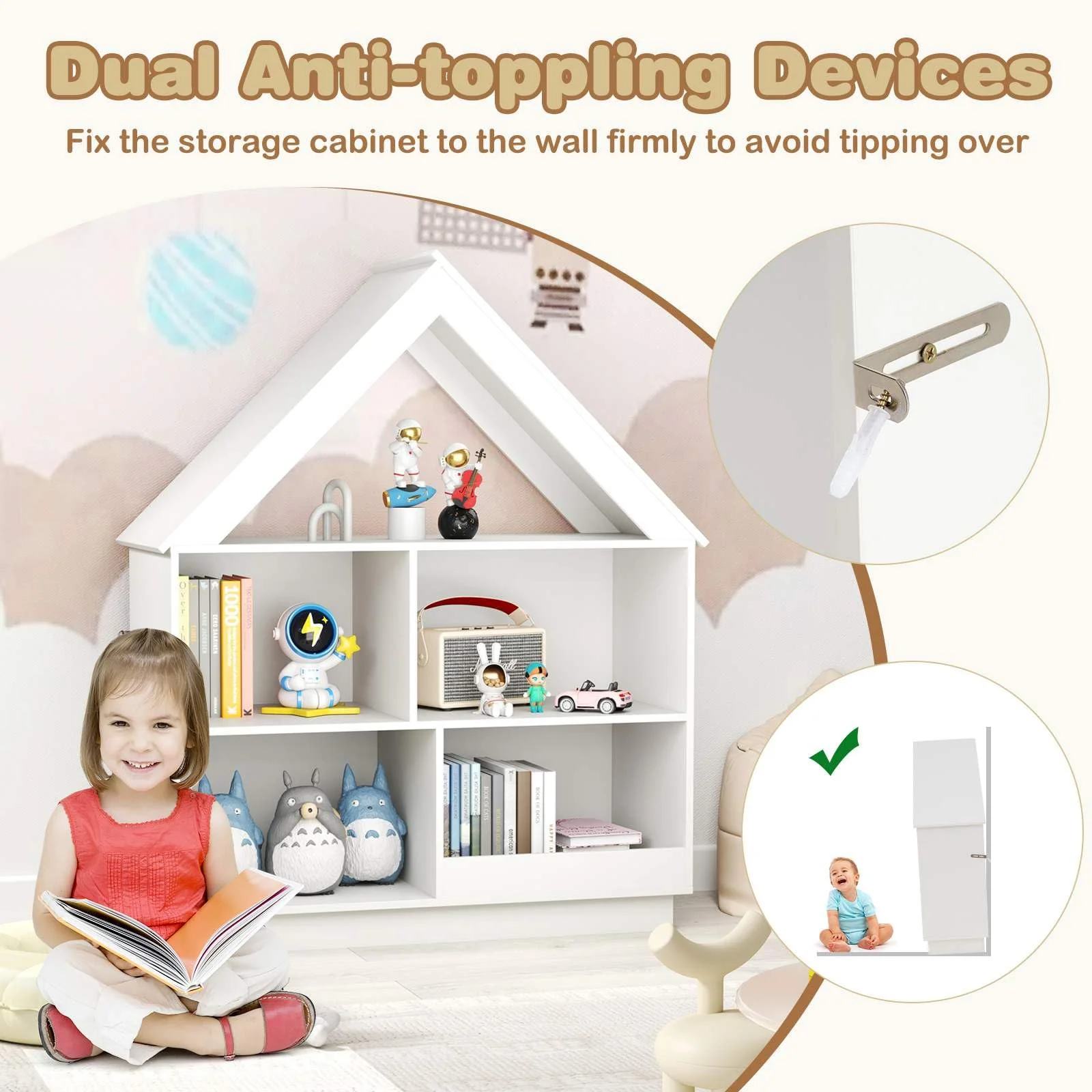 Kids Dollhouse Bookshelf, 3-Tier House-Shaped Storage Organizer w/ Open Shelves - Image 8