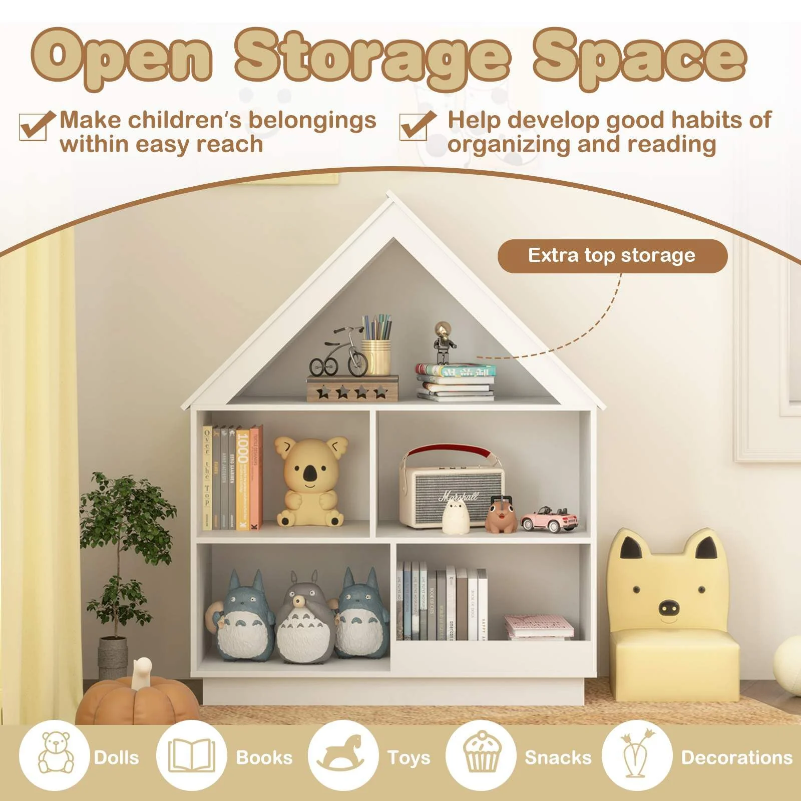 Kids Dollhouse Bookshelf, 3-Tier House-Shaped Storage Organizer w/ Open Shelves - Image 9