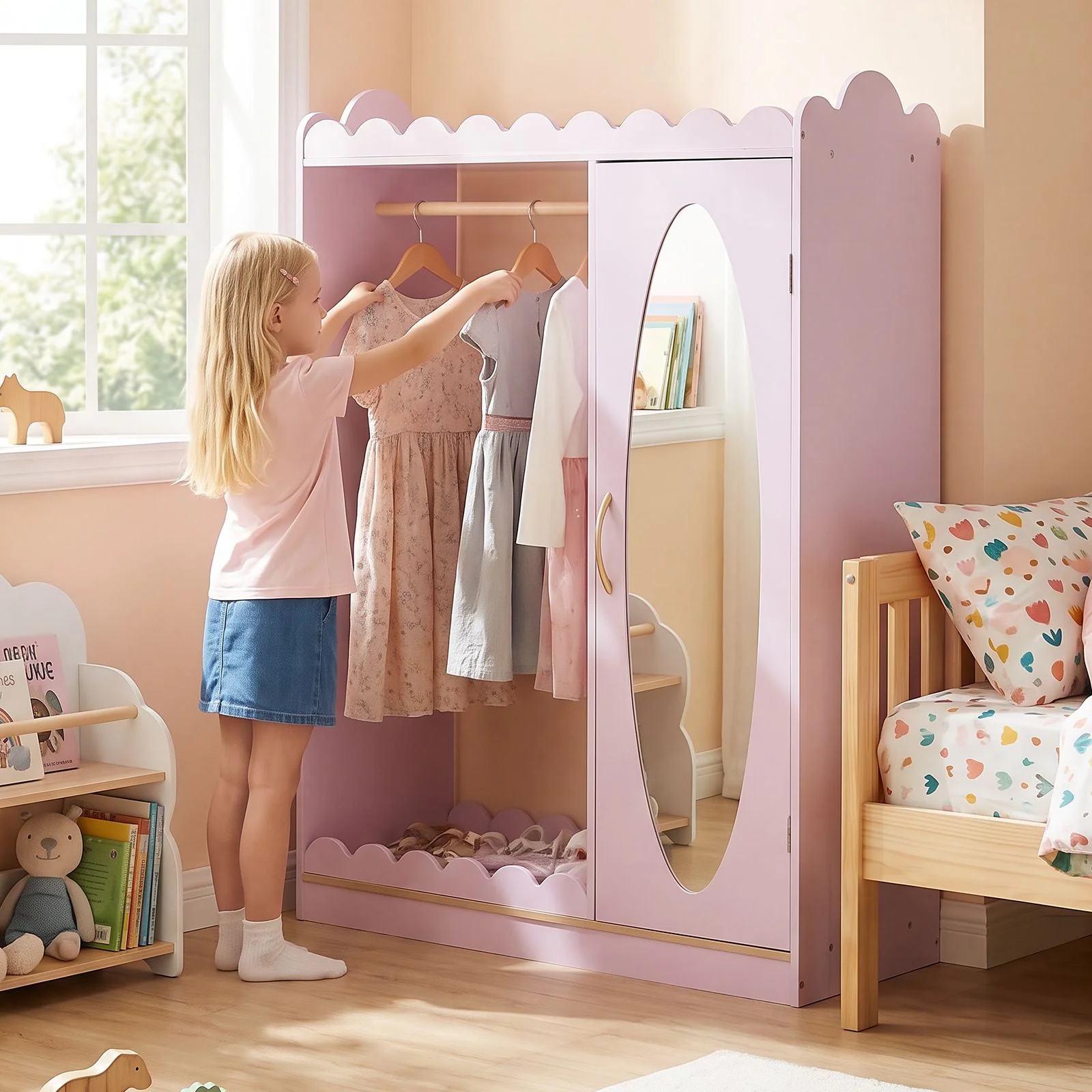Kids Dress Up Storage Shelf with Full Mirror Hanging Rod and Door Cabinet - Image 2