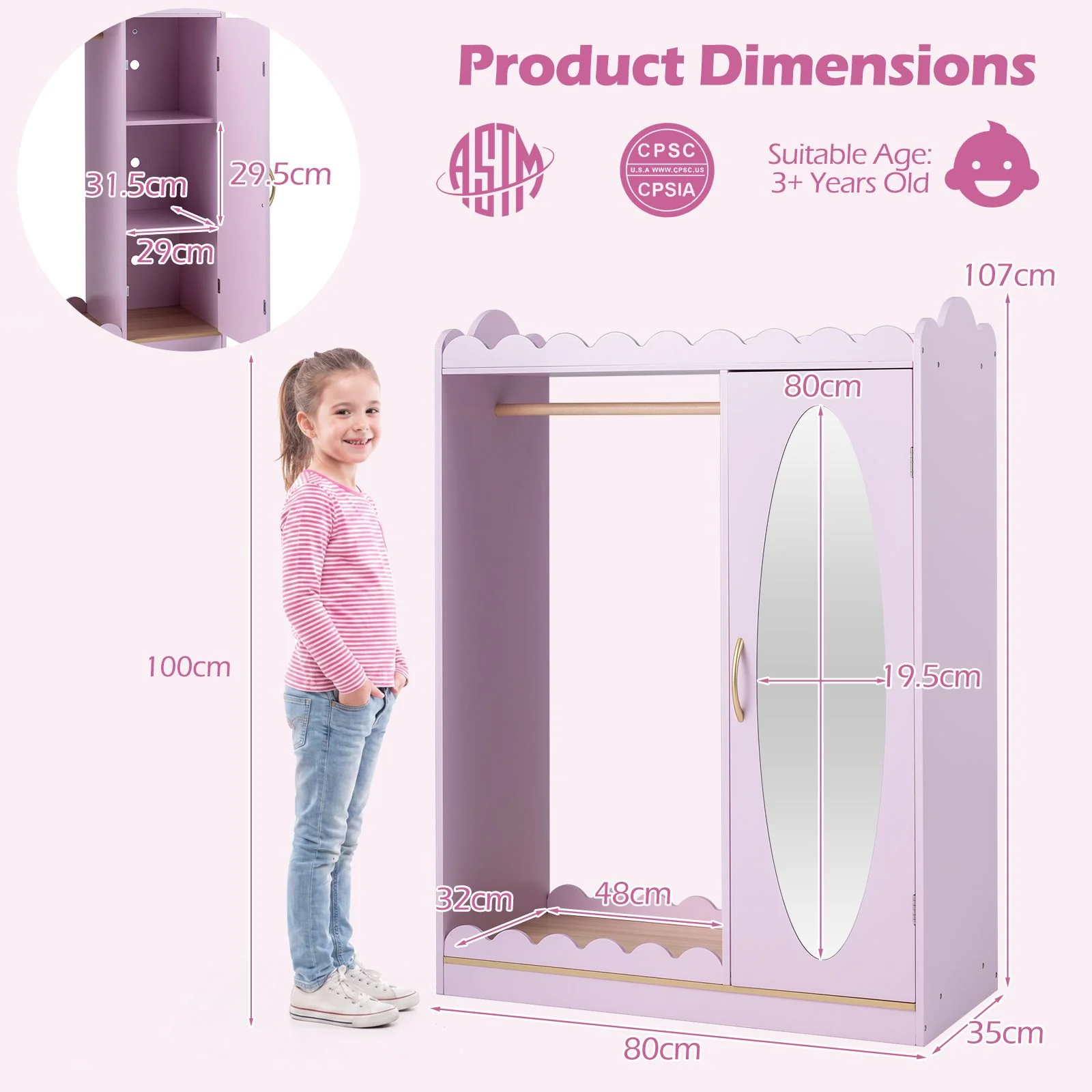 Kids Dress Up Storage Shelf with Full Mirror Hanging Rod and Door Cabinet - Image 3