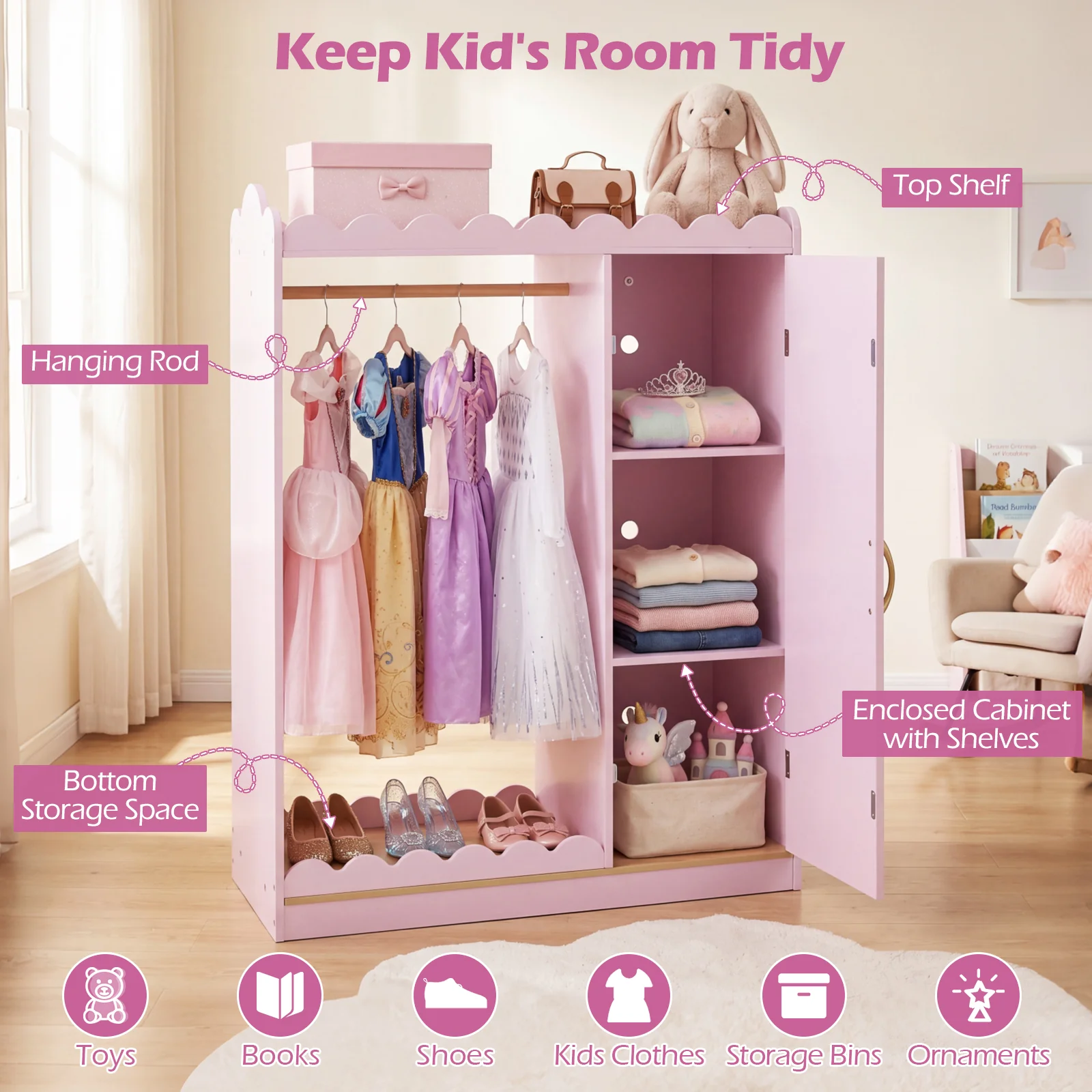 Kids Dress Up Storage Shelf with Full Mirror Hanging Rod and Door Cabinet - Image 4