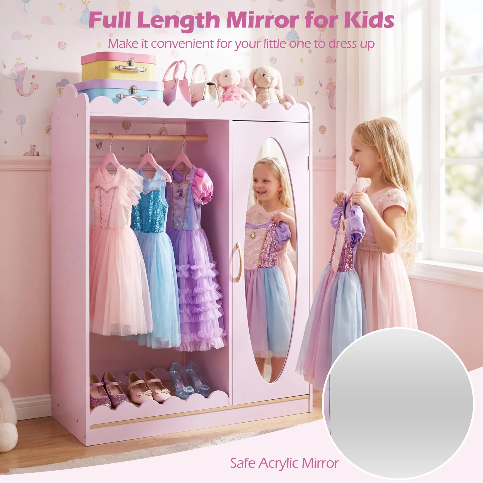 Kids Dress Up Storage Shelf with Full Mirror Hanging Rod and Door Cabinet - Image 5