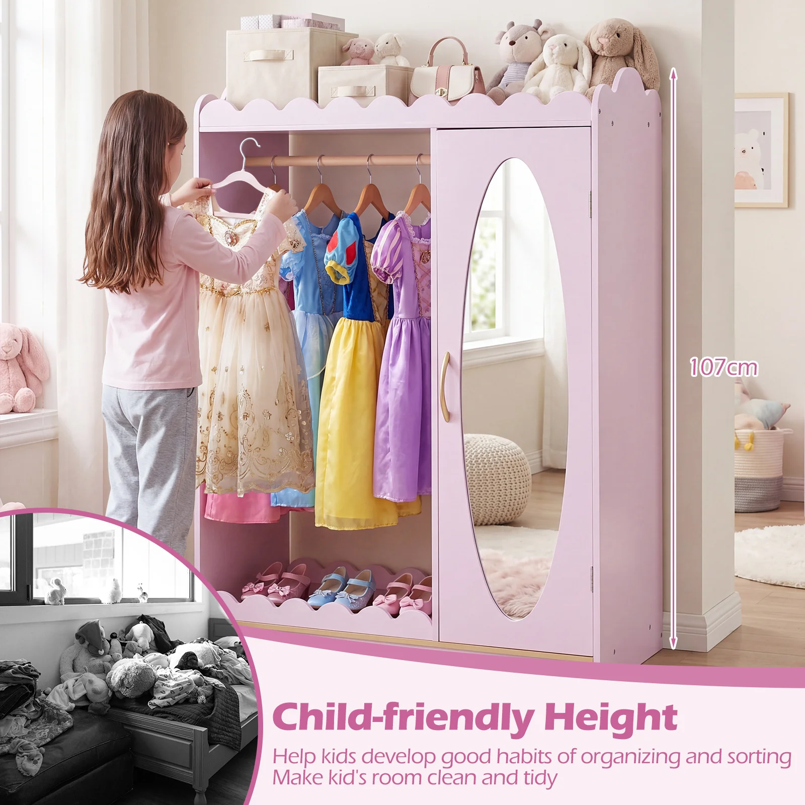 Kids Dress Up Storage Shelf with Full Mirror Hanging Rod and Door Cabinet - Image 6