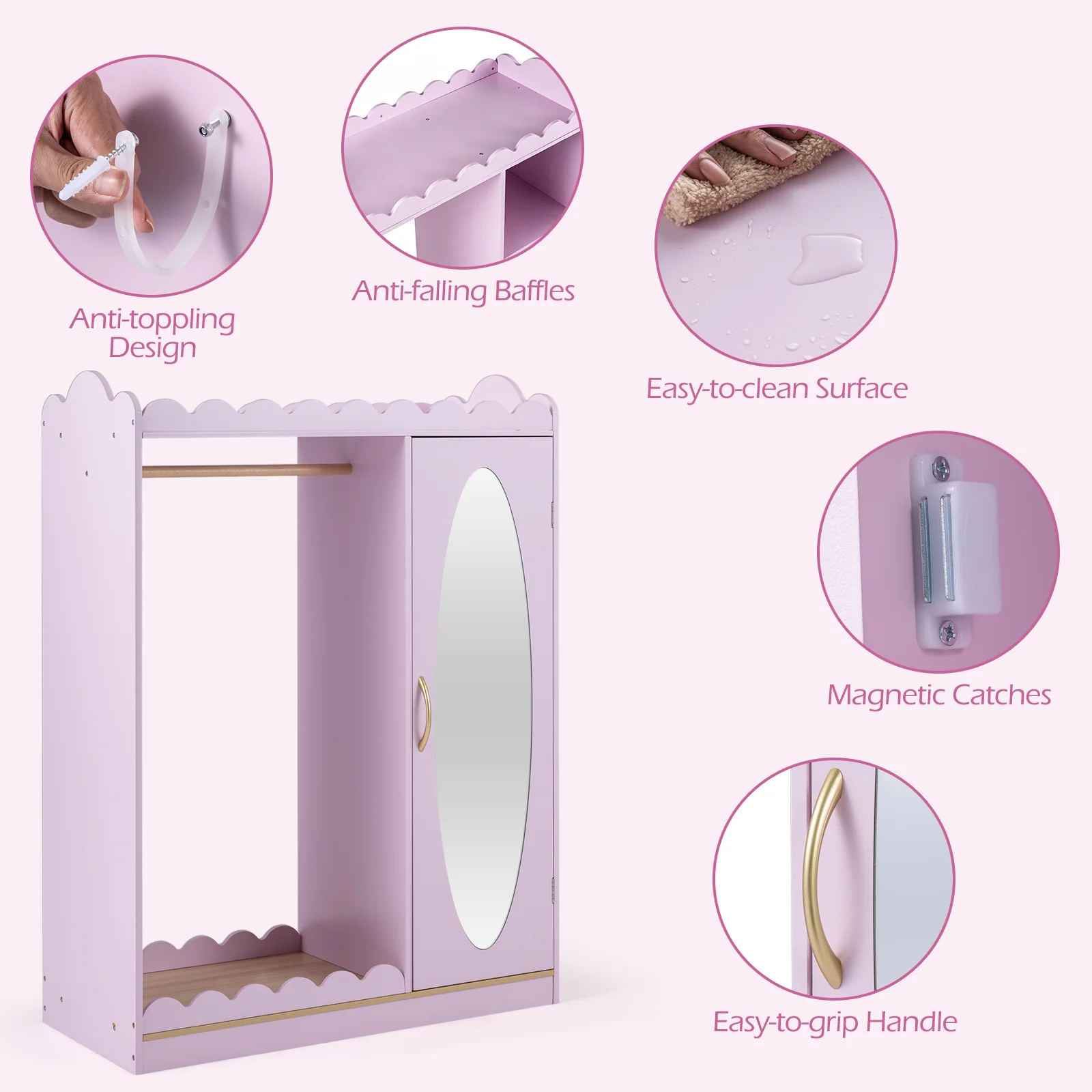 Kids Dress Up Storage Shelf with Full Mirror Hanging Rod and Door Cabinet - Image 7
