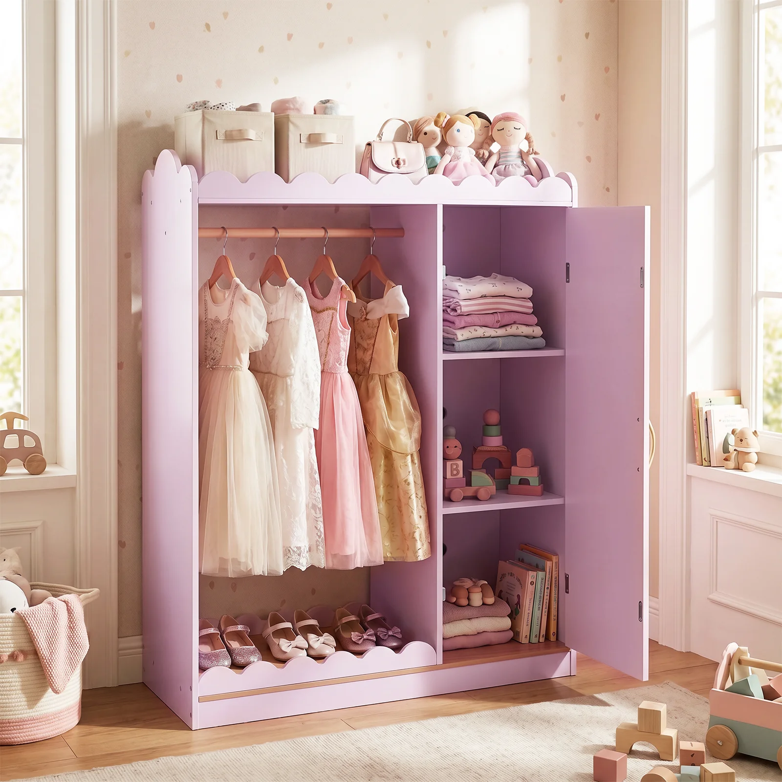 Kids Dress Up Storage Shelf with Full Mirror Hanging Rod and Door Cabinet - Image 8