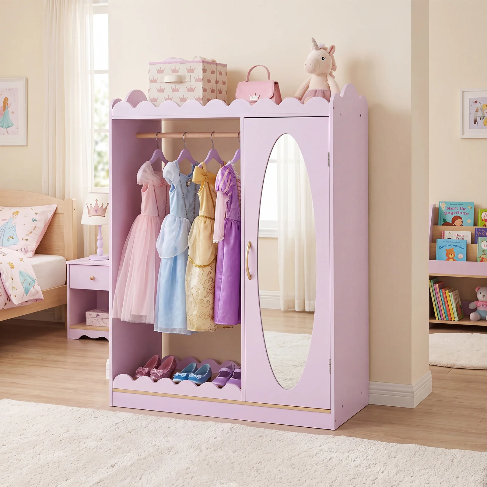Kids Dress Up Storage Shelf with Full Mirror Hanging Rod and Door Cabinet - Image 9