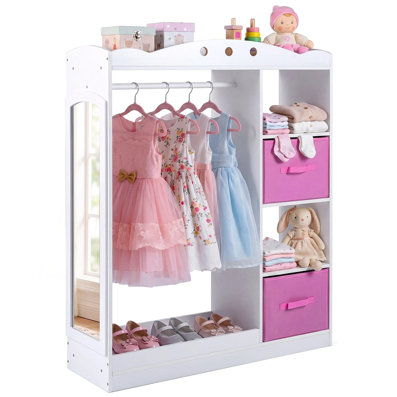 Kids Dress Up Storage Shelf with Mirror and Hanging Rod for Toddler Clothes