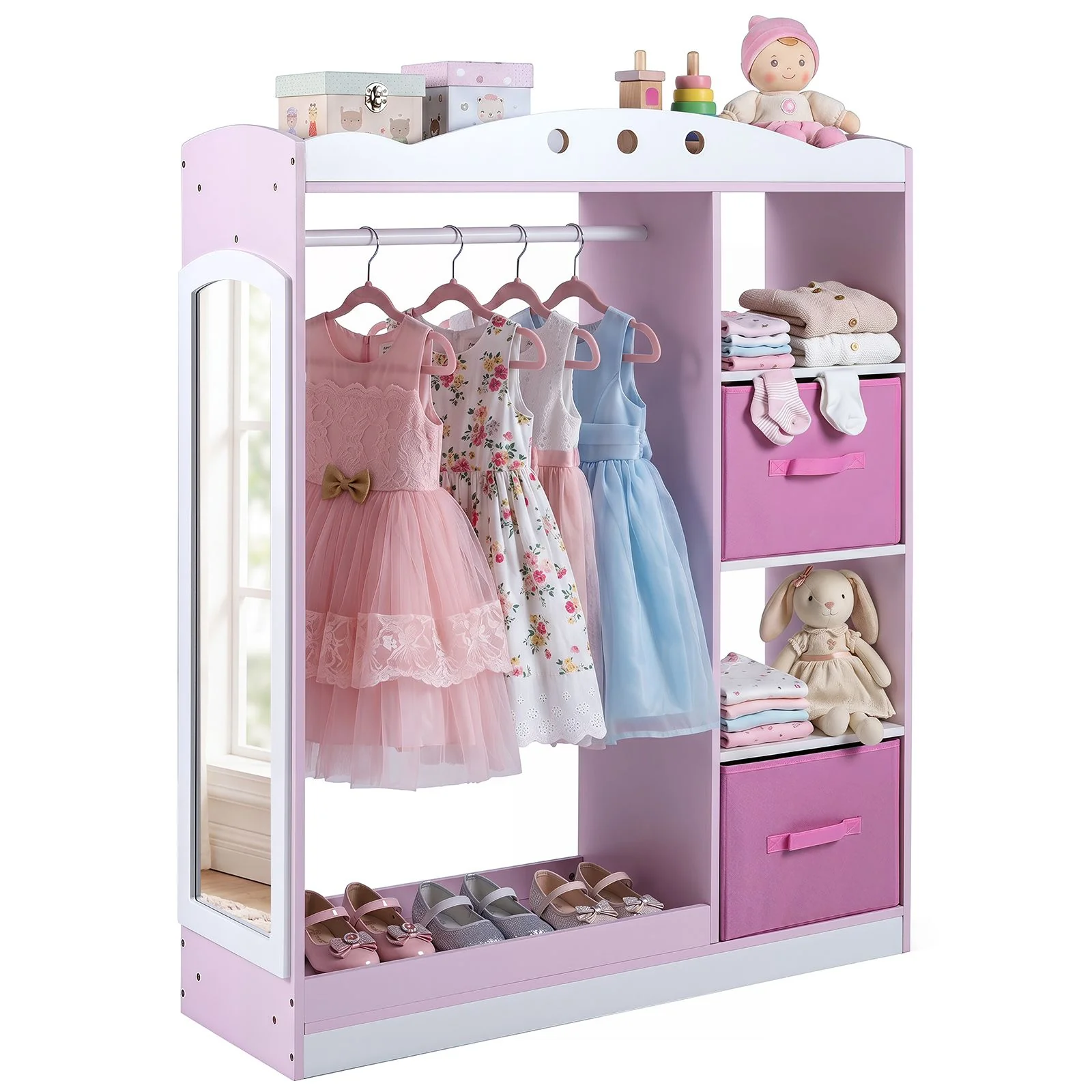 Kids Dress Up Storage Shelf with Mirror and Hanging Rod for Toddler Clothes - Image 10