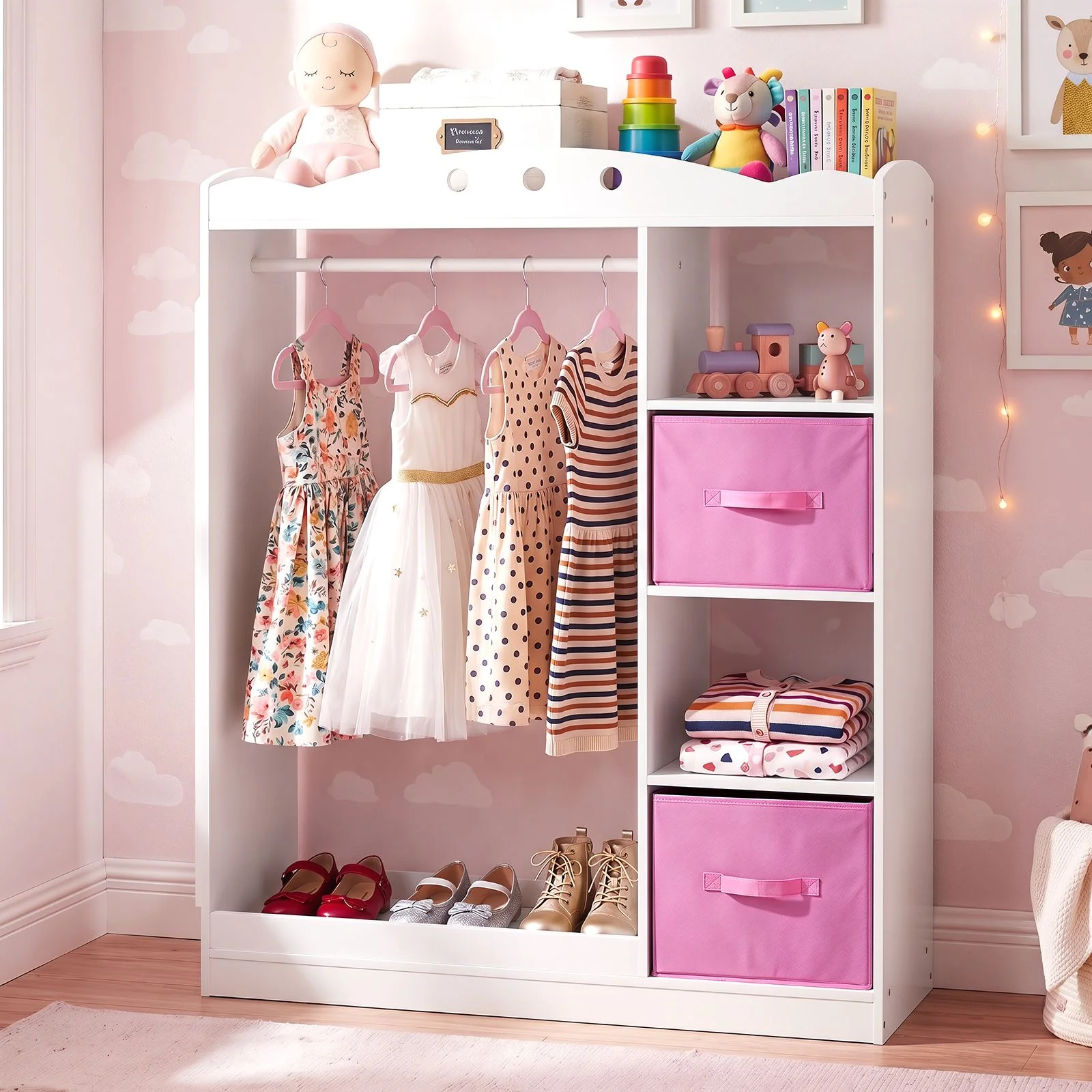 Kids Dress Up Storage Shelf with Mirror and Hanging Rod for Toddler Clothes - Image 2