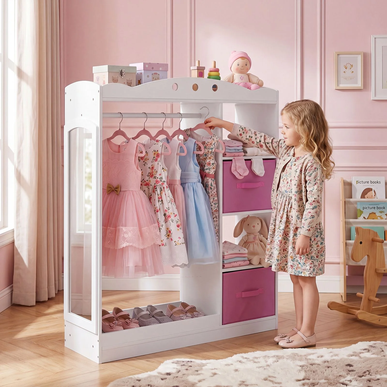 Kids Dress Up Storage Shelf with Mirror and Hanging Rod for Toddler Clothes - Image 3