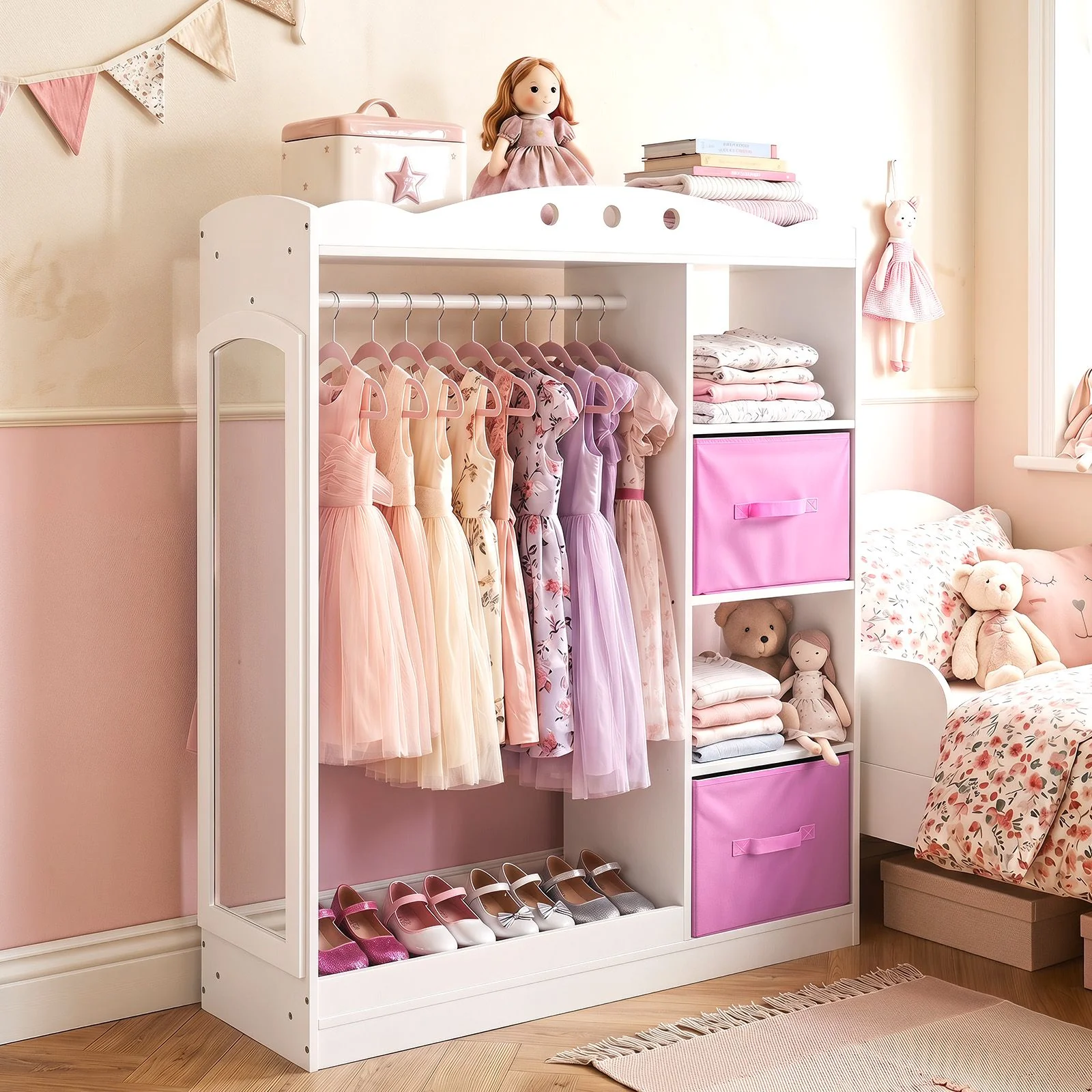 Kids Dress Up Storage Shelf with Mirror and Hanging Rod for Toddler Clothes - Image 4