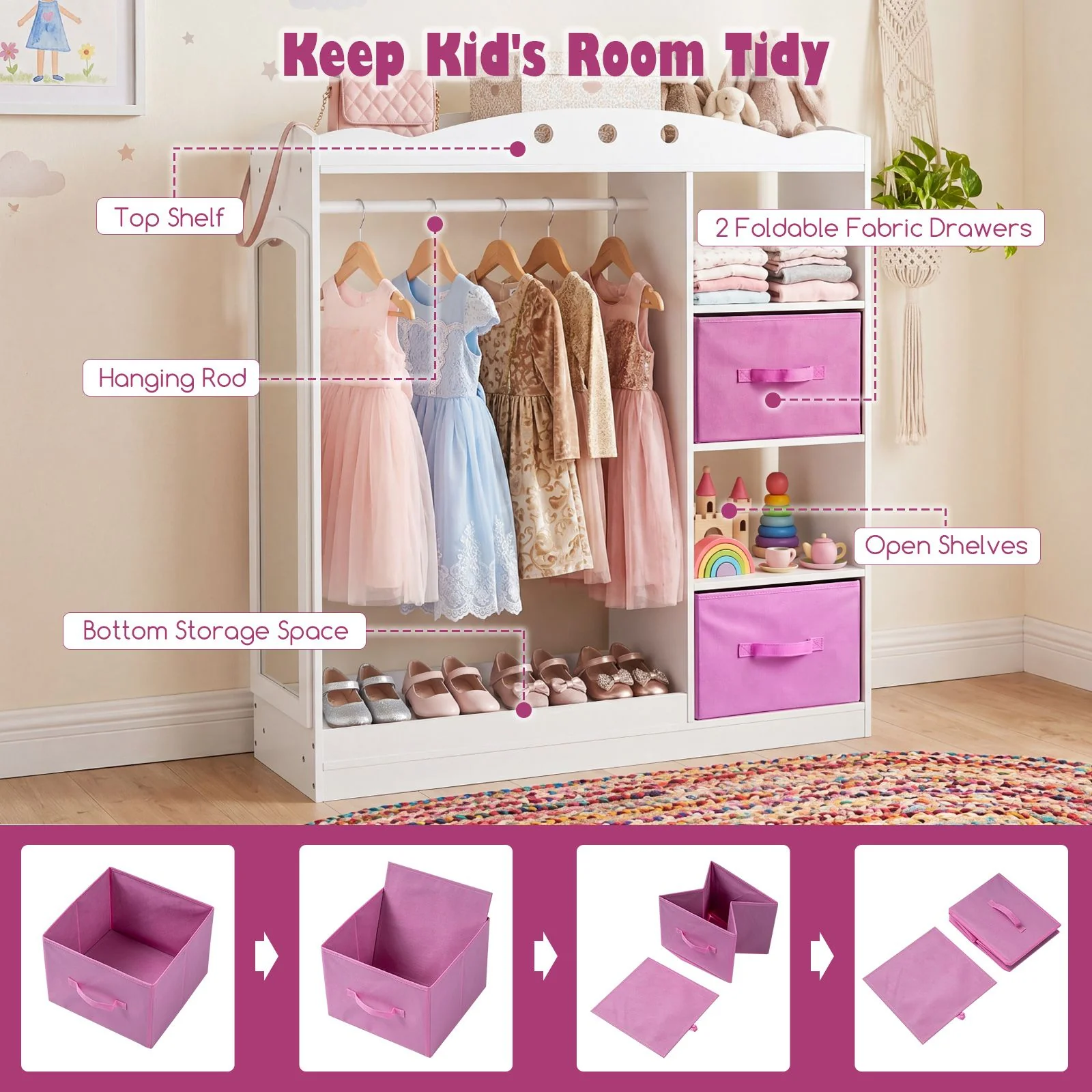 Kids Dress Up Storage Shelf with Mirror and Hanging Rod for Toddler Clothes - Image 5