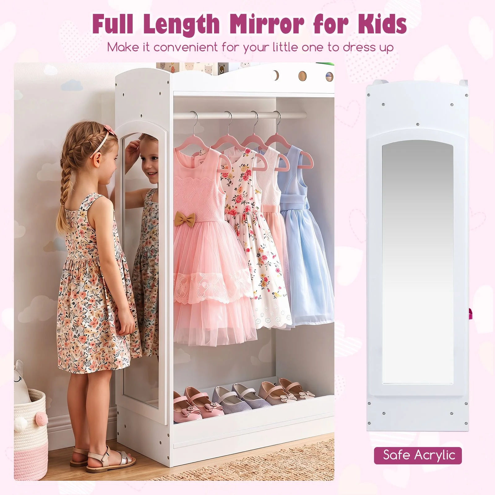 Kids Dress Up Storage Shelf with Mirror and Hanging Rod for Toddler Clothes - Image 6