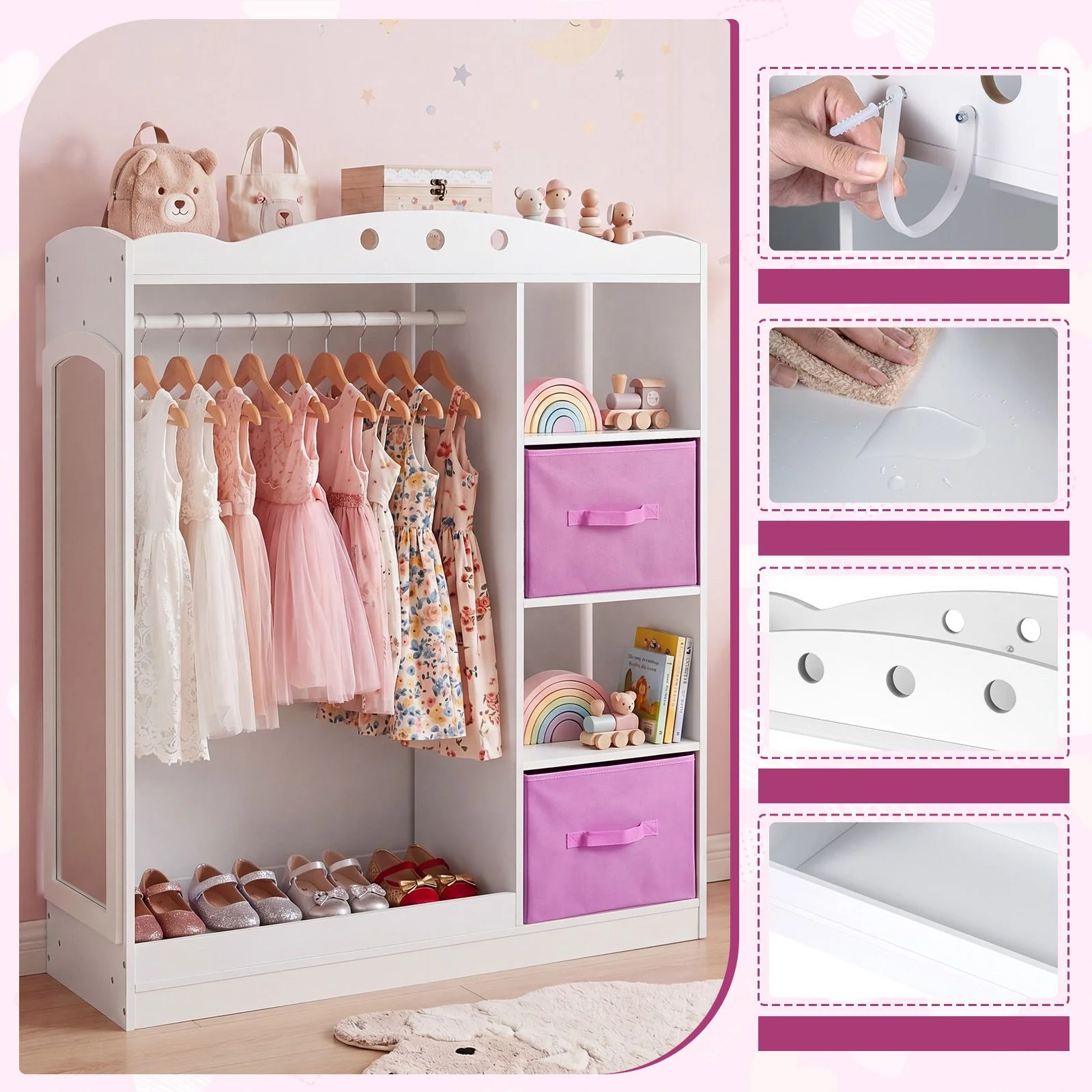 Kids Dress Up Storage Shelf with Mirror and Hanging Rod for Toddler Clothes - Image 7