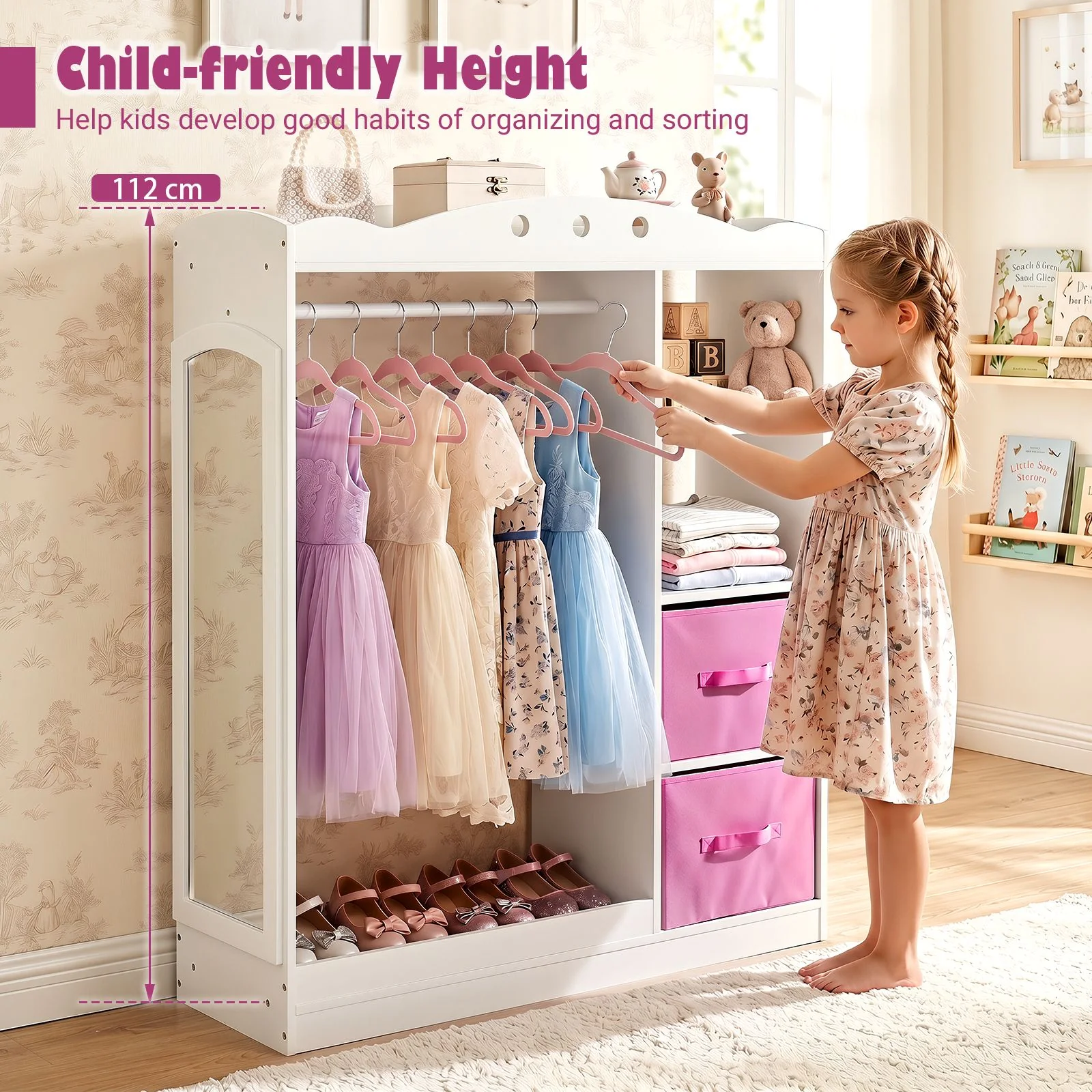 Kids Dress Up Storage Shelf with Mirror and Hanging Rod for Toddler Clothes - Image 9
