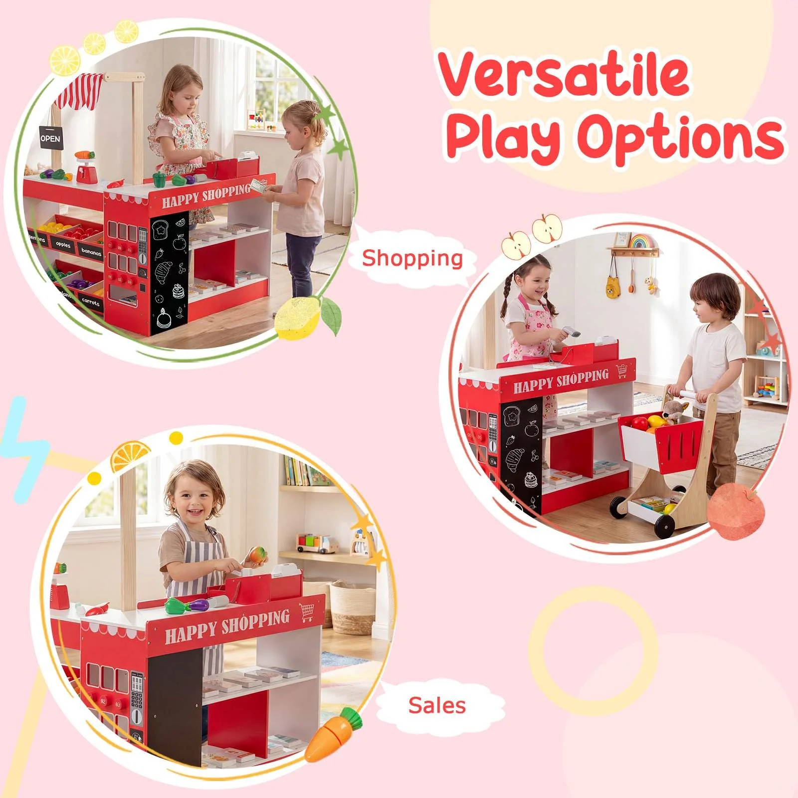 Kids Grocery Store Playset, Wooden Pretend Play Supermarket w/Shopping Cart - Image 4
