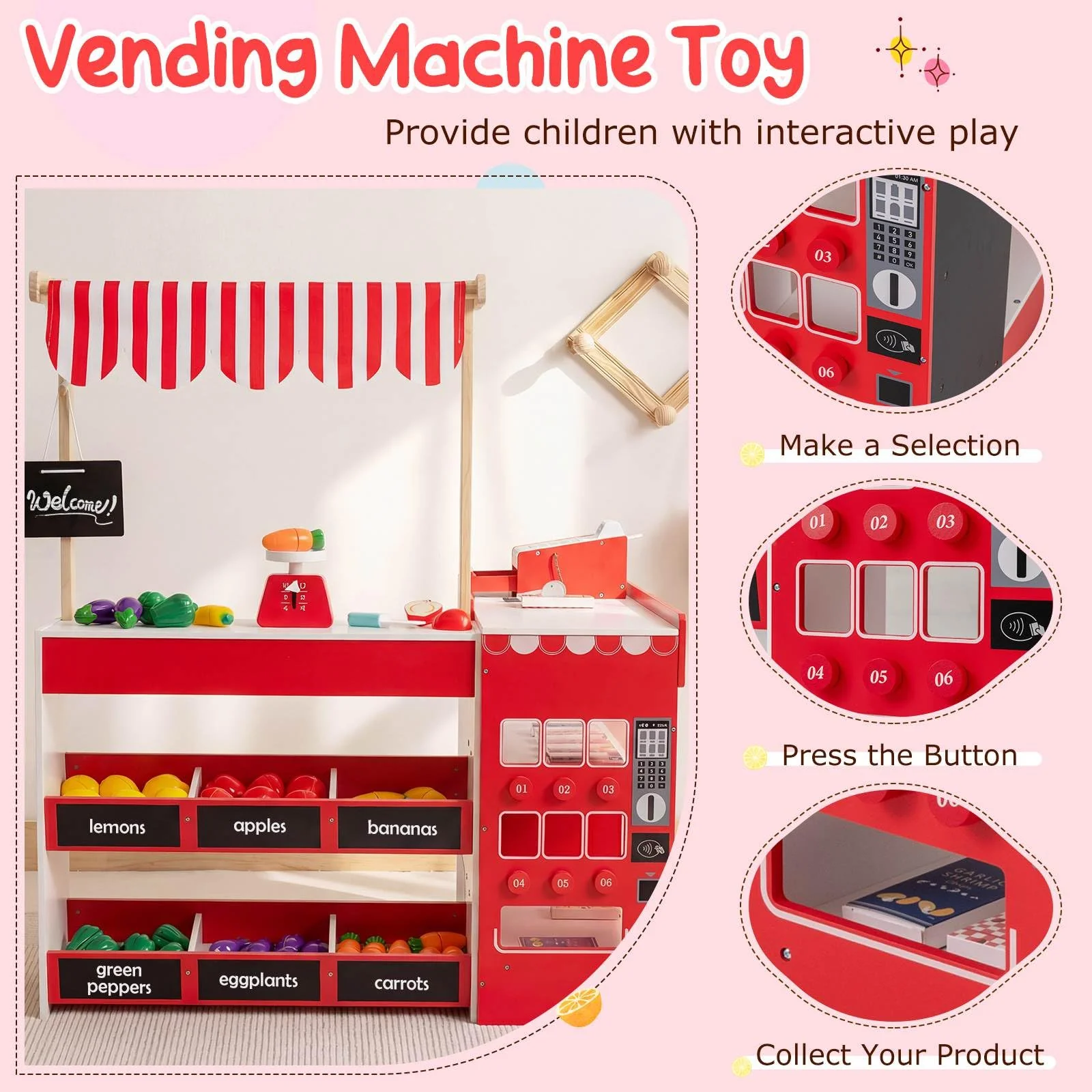 Kids Grocery Store Playset, Wooden Pretend Play Supermarket w/Shopping Cart - Image 8