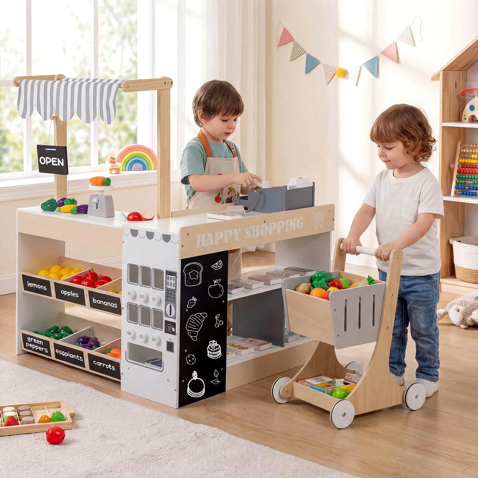 Kids Grocery Store Playset, Wooden Pretend Play Supermarket w/Shopping Cart - Image 9