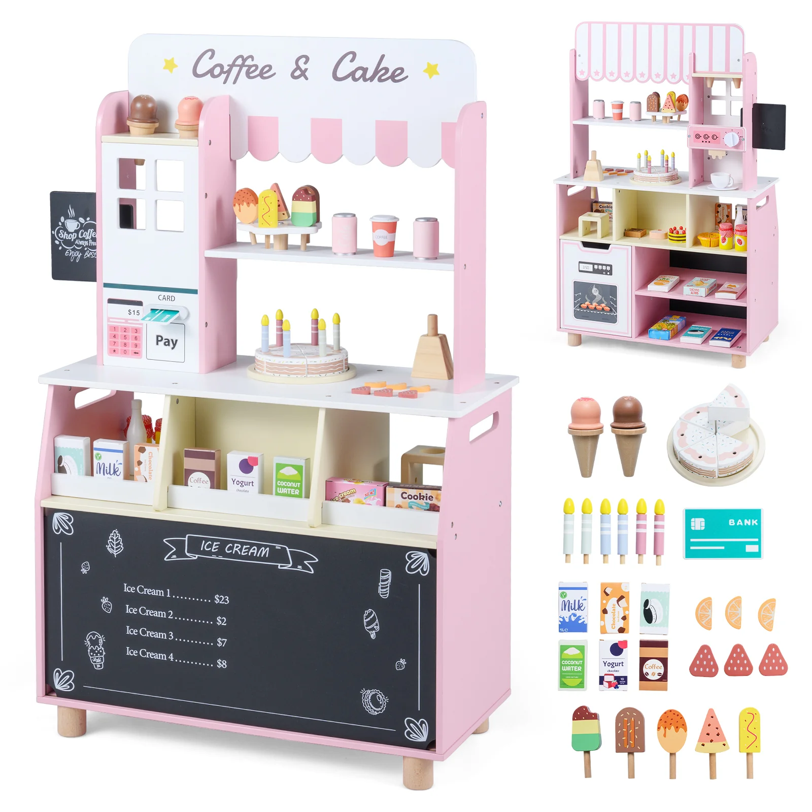Kids Ice Cream Shop Wooden Grocery Store with 27 Accessories Gift for Boys and Girls Aged 3+ - Image 11