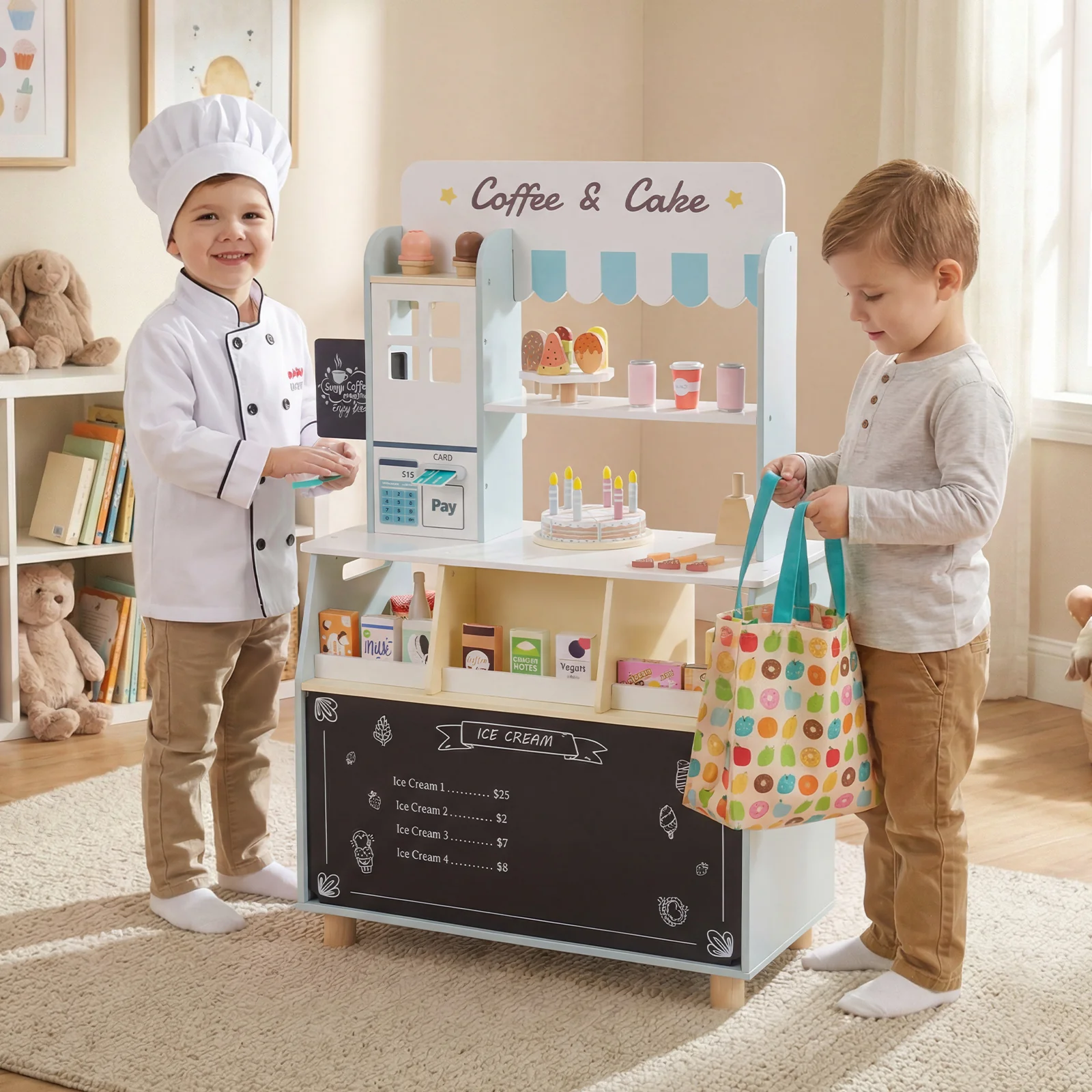 Kids Ice Cream Shop Wooden Grocery Store with 27 Accessories Gift for Boys and Girls Aged 3+ - Image 2