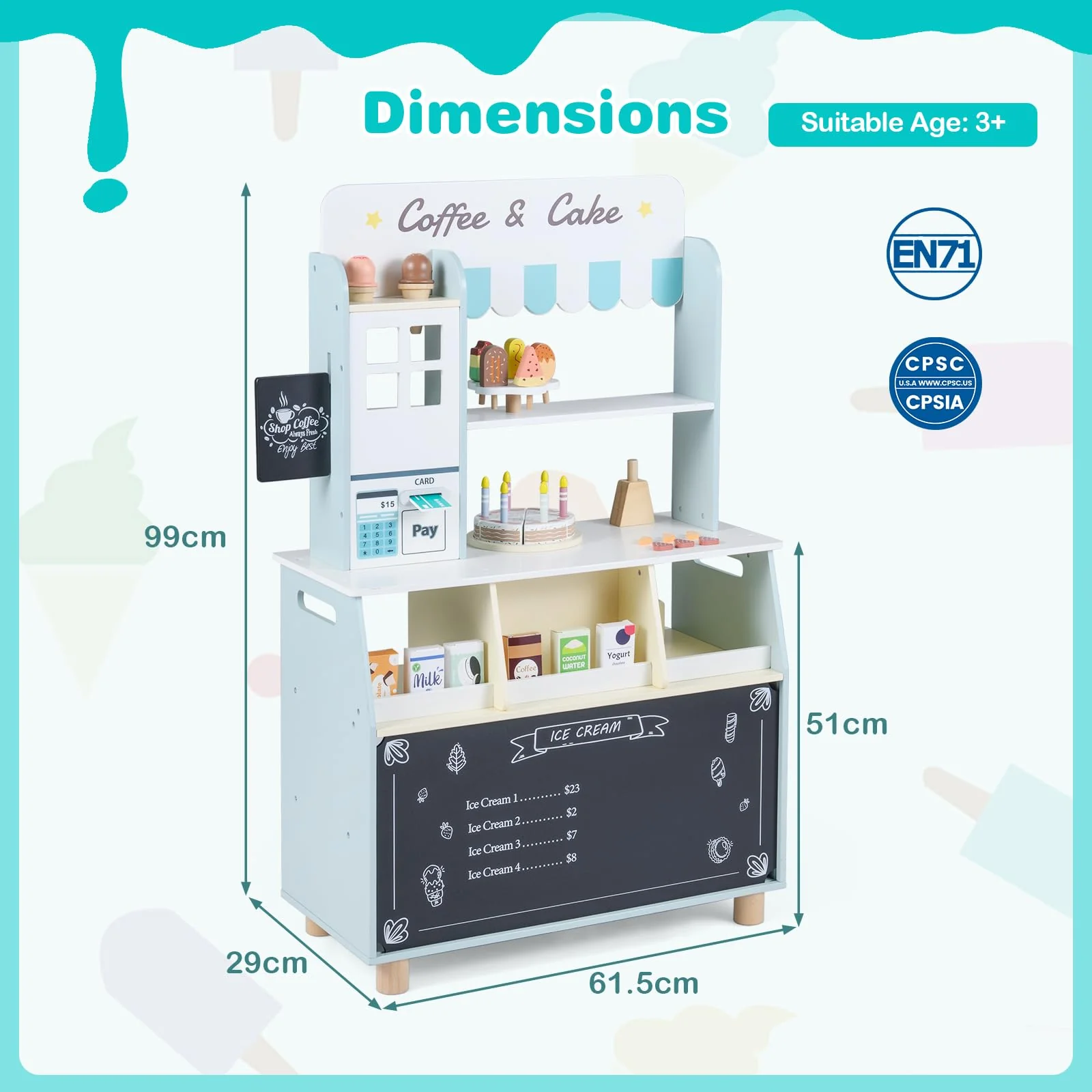 Kids Ice Cream Shop Wooden Grocery Store with 27 Accessories Gift for Boys and Girls Aged 3+ - Image 3