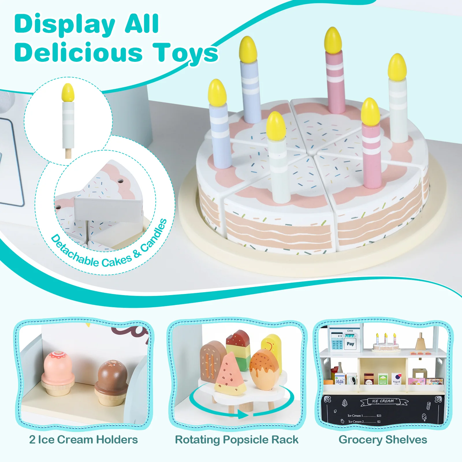 Kids Ice Cream Shop Wooden Grocery Store with 27 Accessories Gift for Boys and Girls Aged 3+ - Image 6