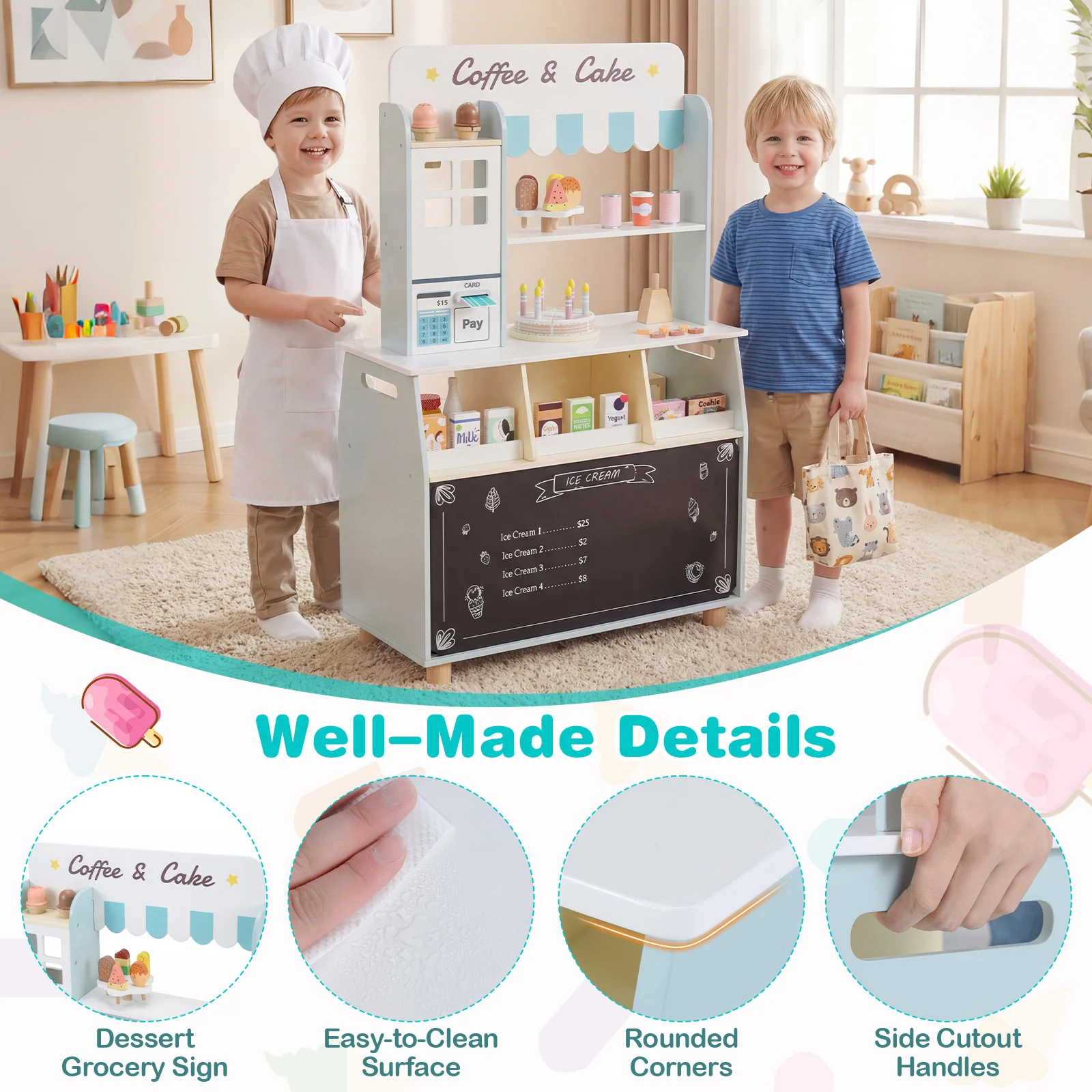 Kids Ice Cream Shop Wooden Grocery Store with 27 Accessories Gift for Boys and Girls Aged 3+ - Image 8