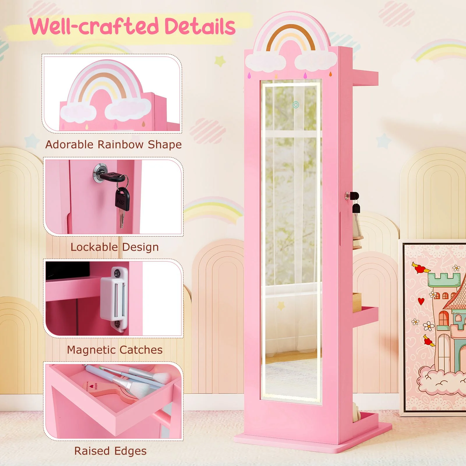 Standing Children Jewelry Organizer with Lights & Full-Length Mirror, Princess Jewelry Armoire - Image 10