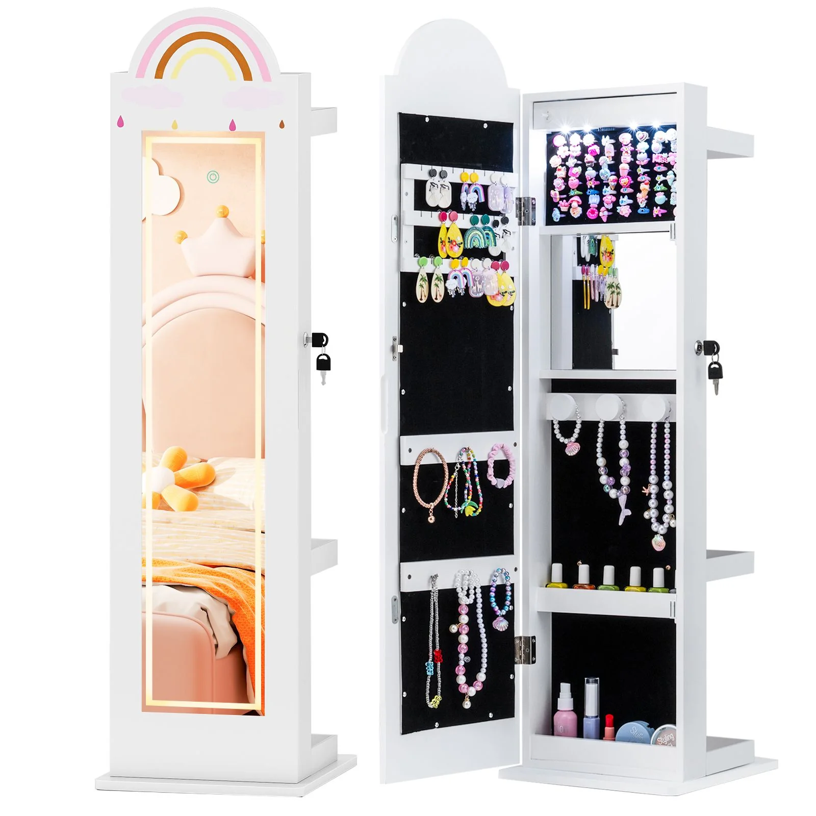 Standing Children Jewelry Organizer with Lights & Full-Length Mirror, Princess Jewelry Armoire - Image 12