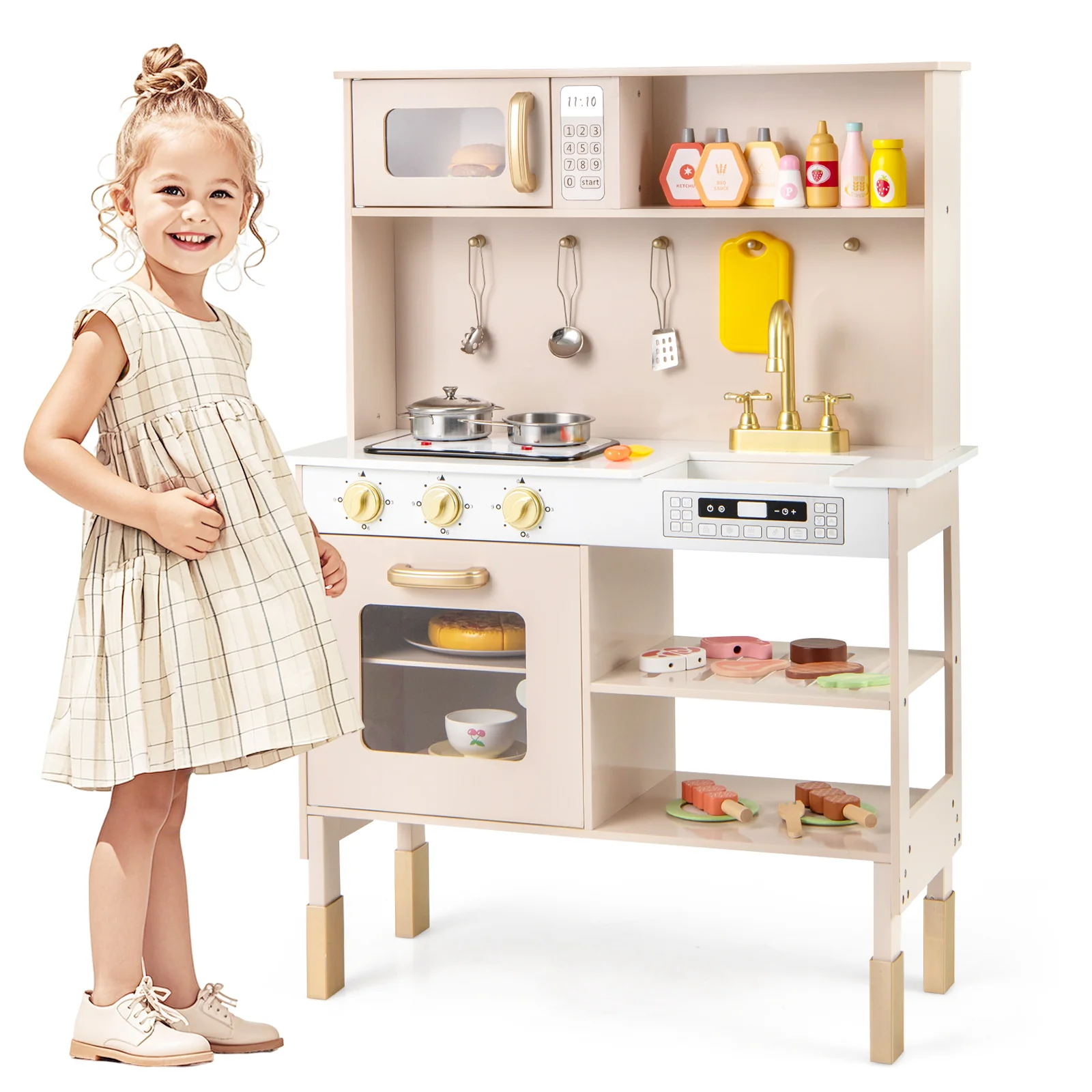 Kids Kitchen Playset, Height Adjustable Toy Kitchen for 3+ Years Old