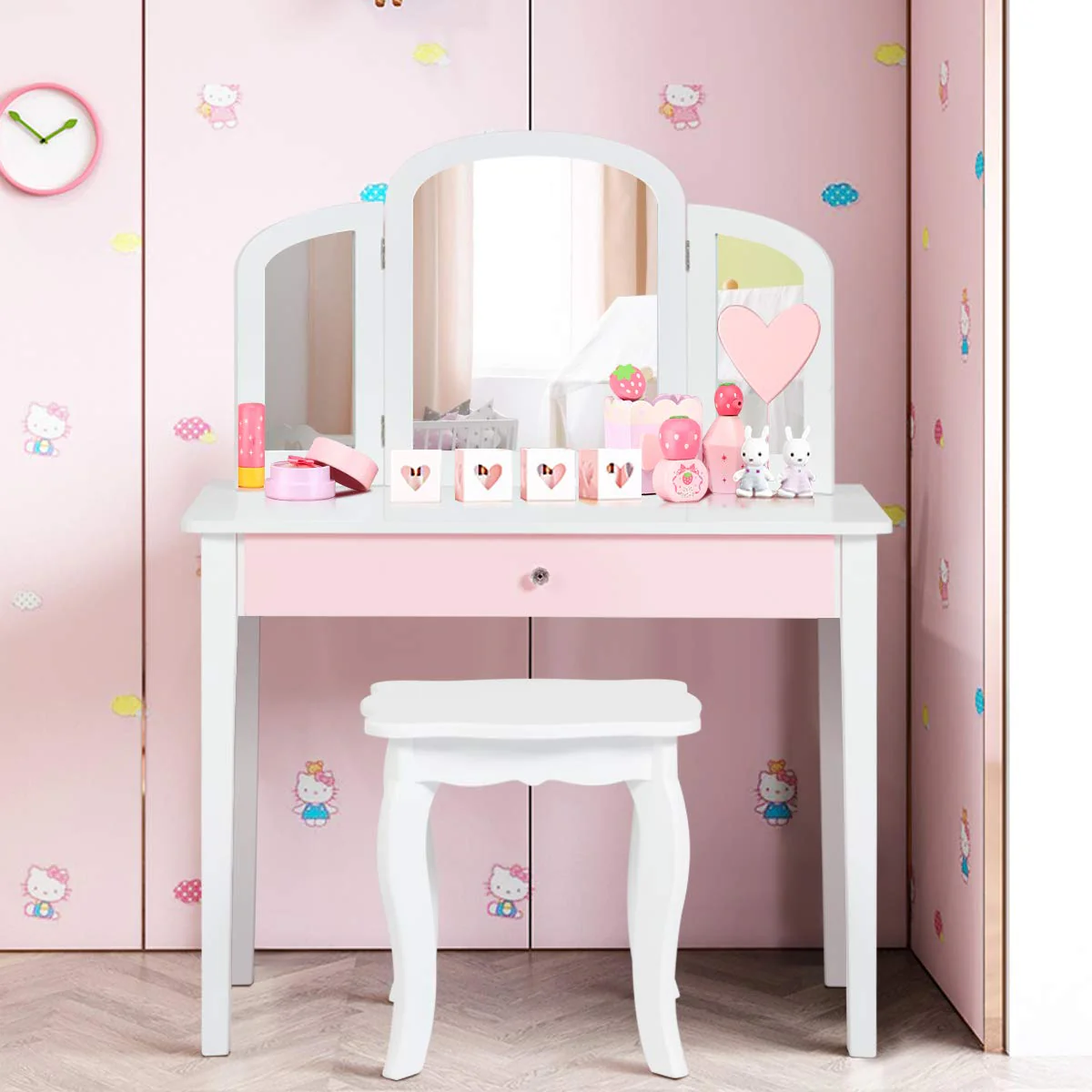 Kids Makeup Table Stool Set with Tri-folding Mirror for Bedroom - Image 10