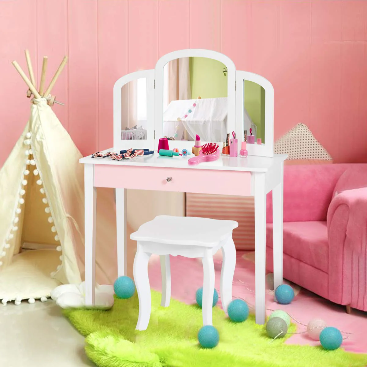 Kids Makeup Table Stool Set with Tri-folding Mirror for Bedroom - Image 11