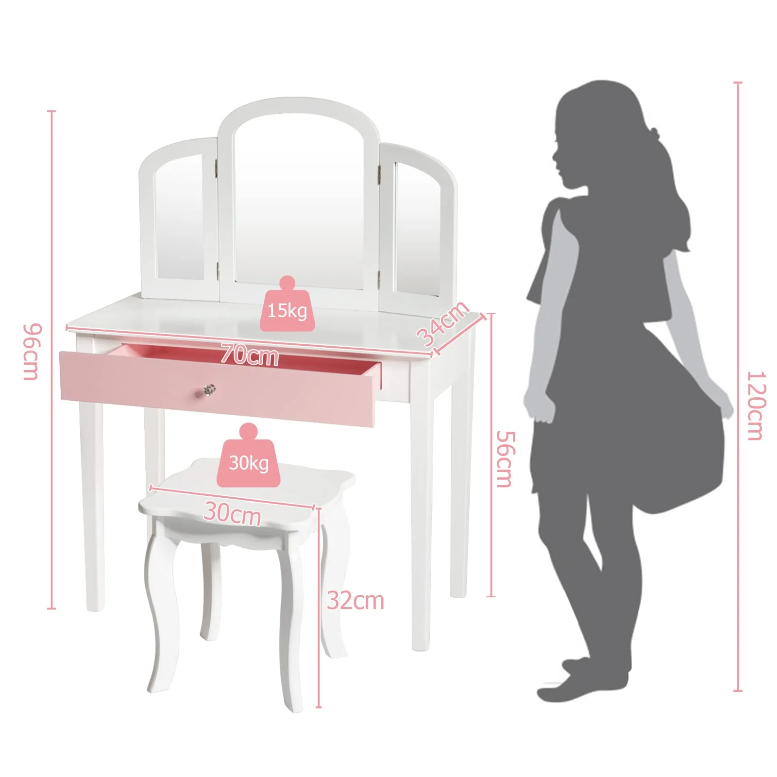 Kids Makeup Table Stool Set with Tri-folding Mirror for Bedroom - Image 4
