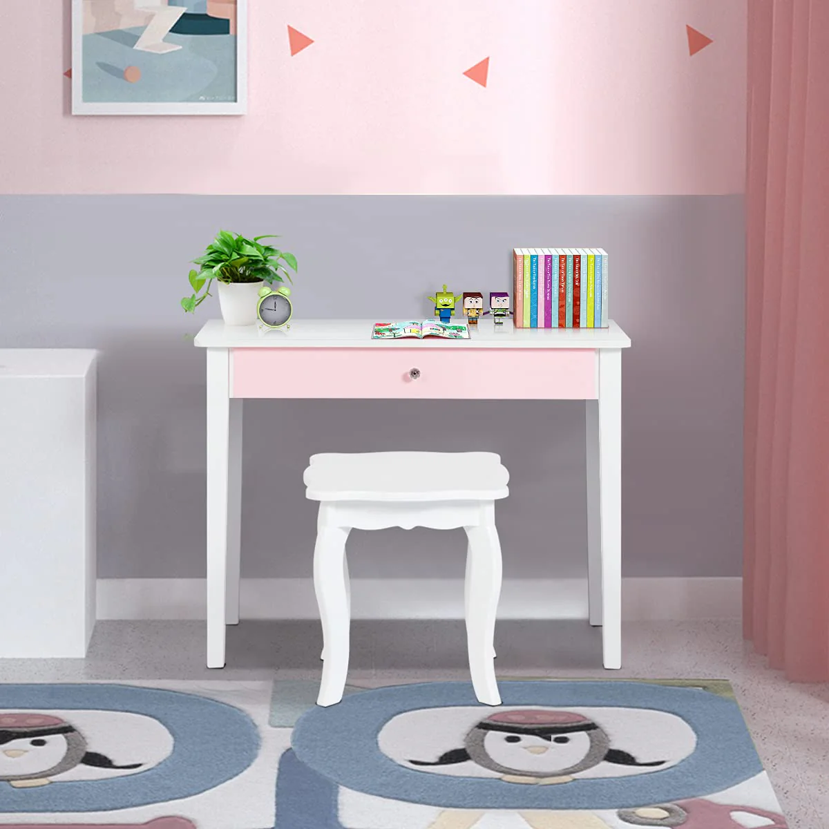 Kids Makeup Table Stool Set with Tri-folding Mirror for Bedroom - Image 5