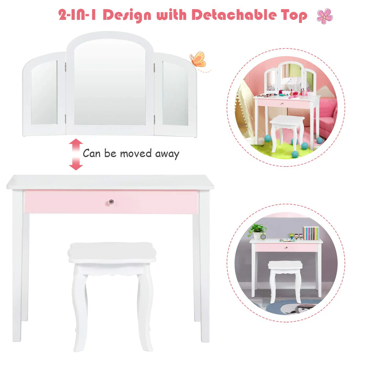 Kids Makeup Table Stool Set with Tri-folding Mirror for Bedroom - Image 8