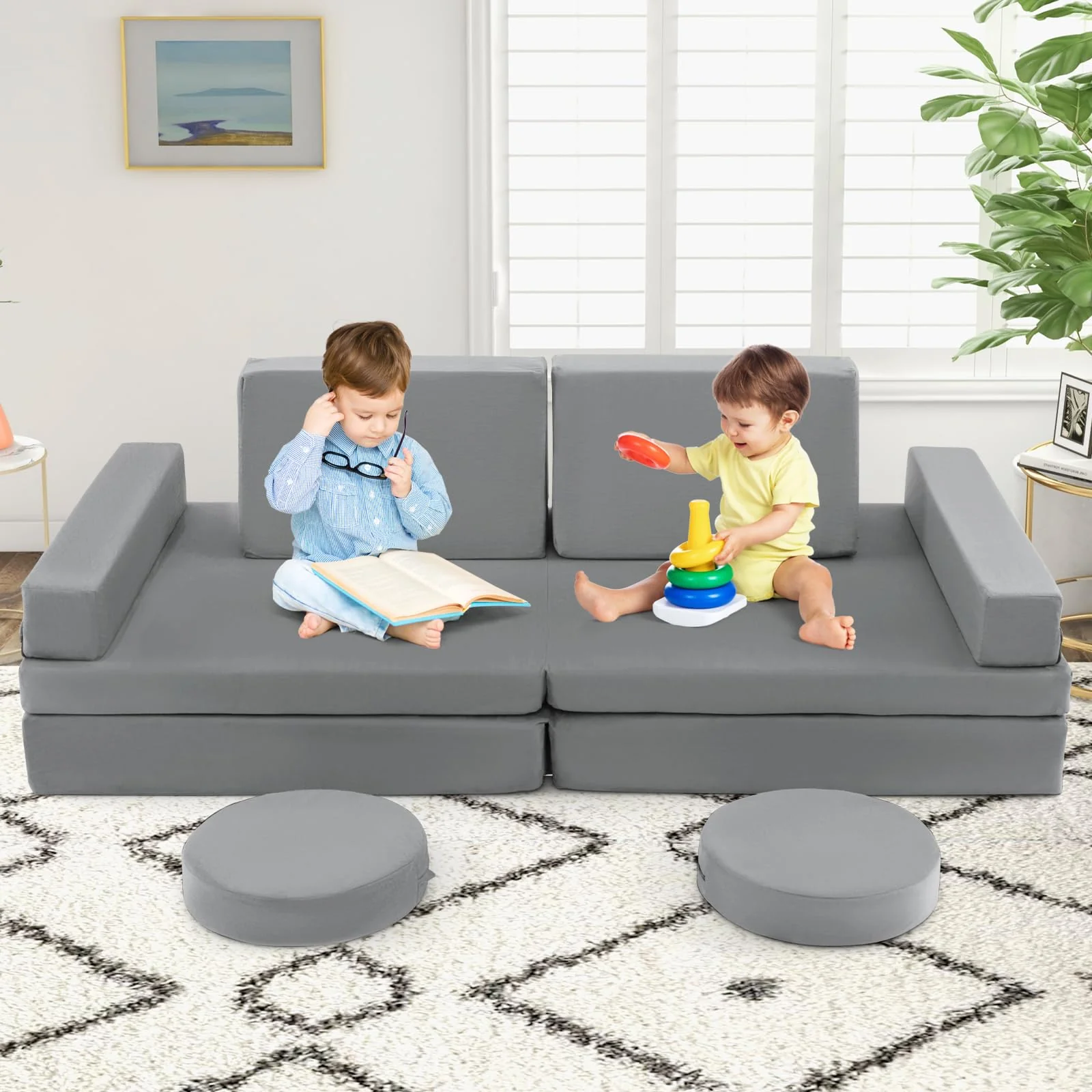 Kids Modular Convertible Foam Folding Sofa with Portable Handle - Image 2