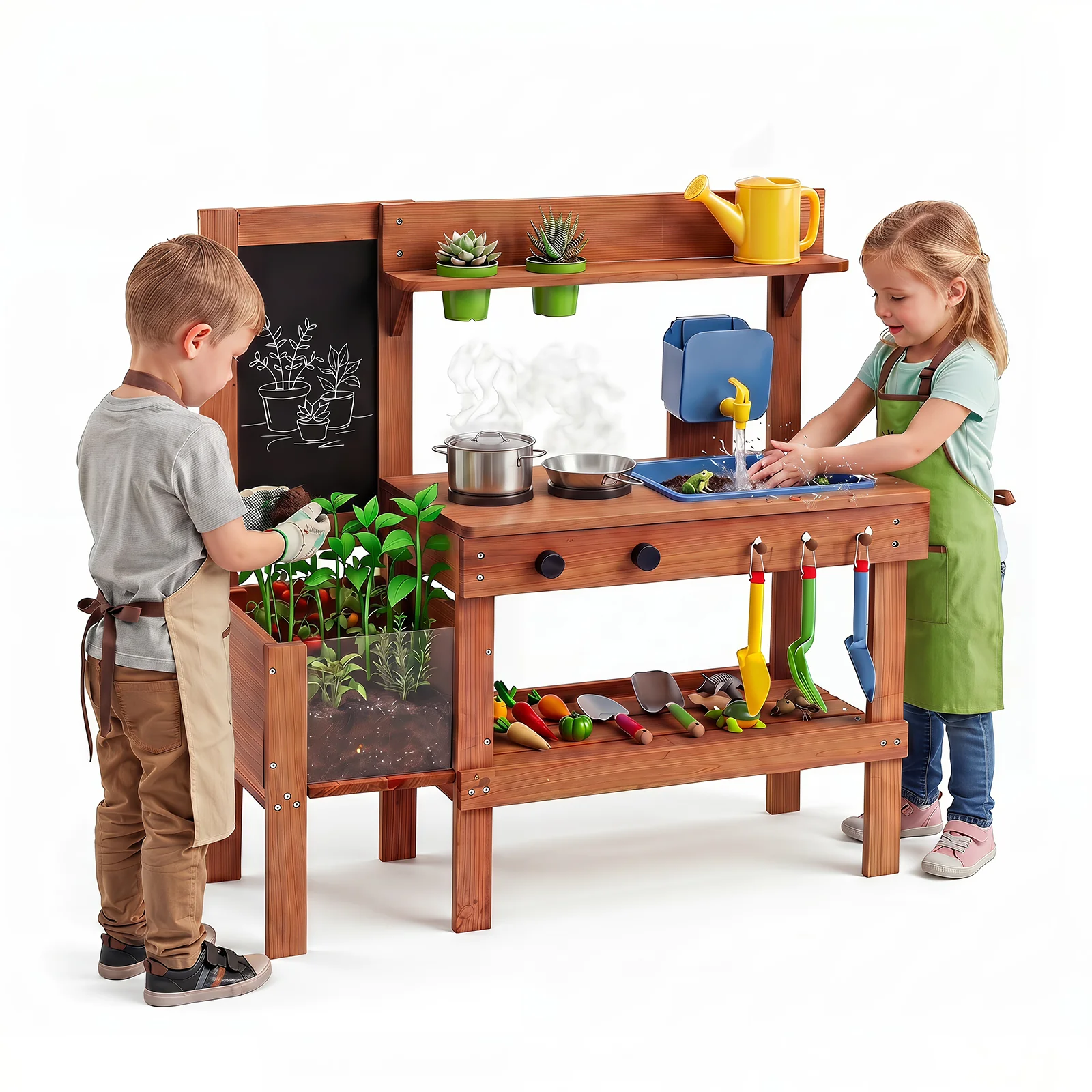 Kids Mud Kitchen Solid Wood with Planter Box Sink Stoves and Chalkboard
